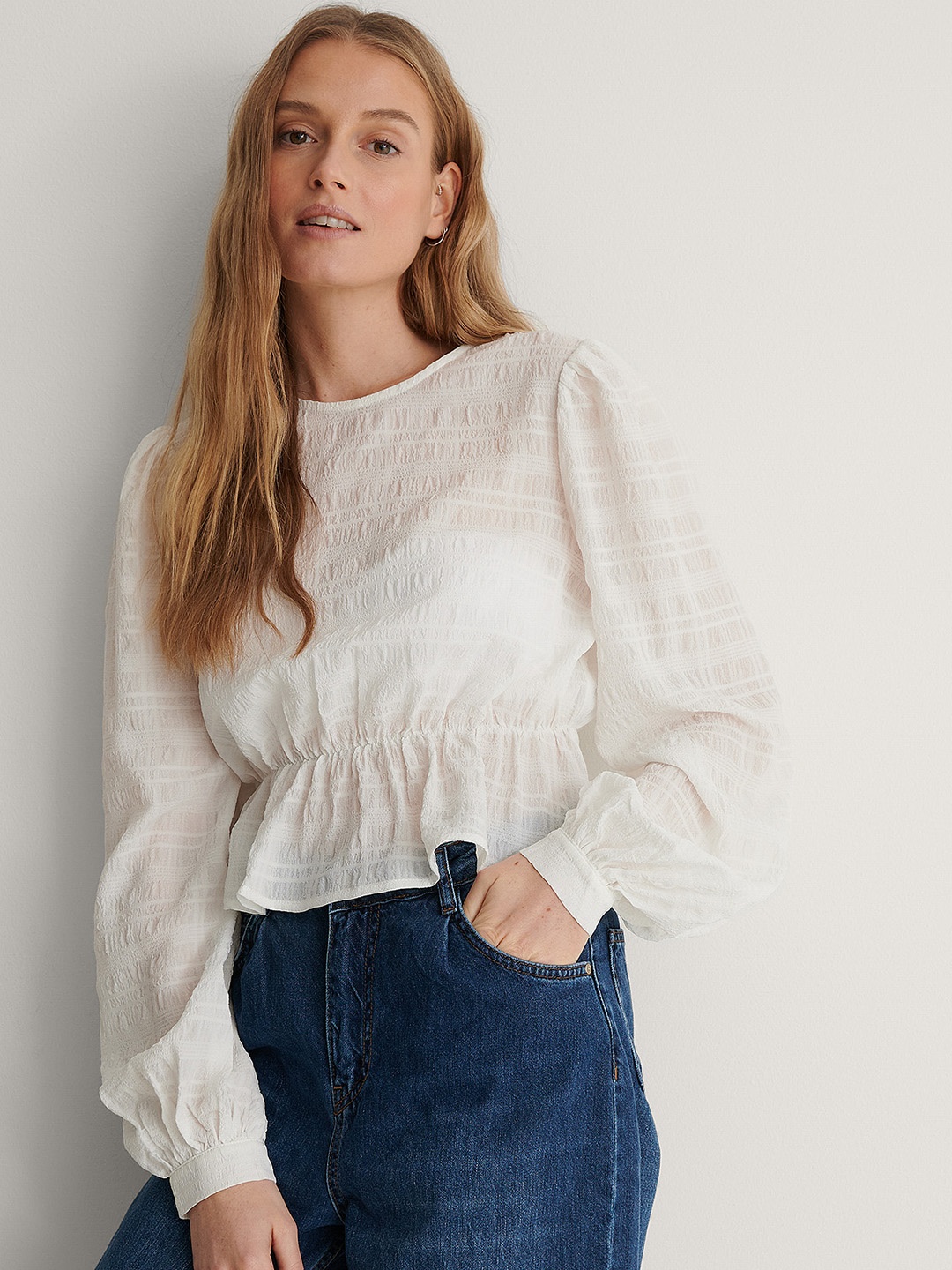 

NA-KD Women White Self-Striped Cinched Waist Top