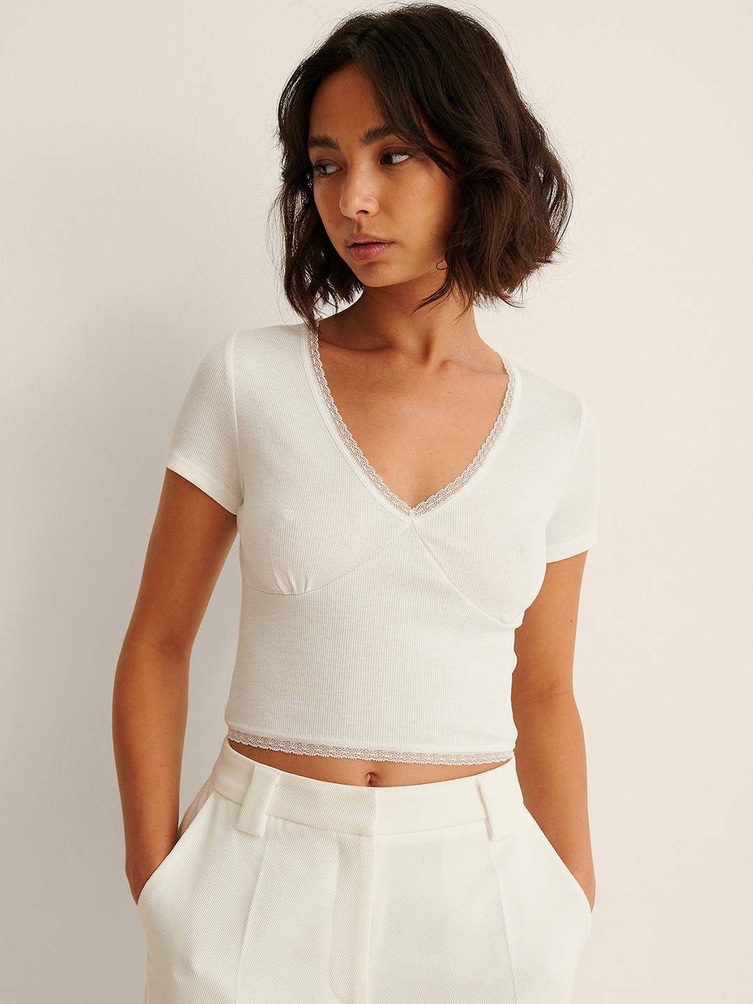 

NA-KD Women White Solid Knitted Top with Lace Detail