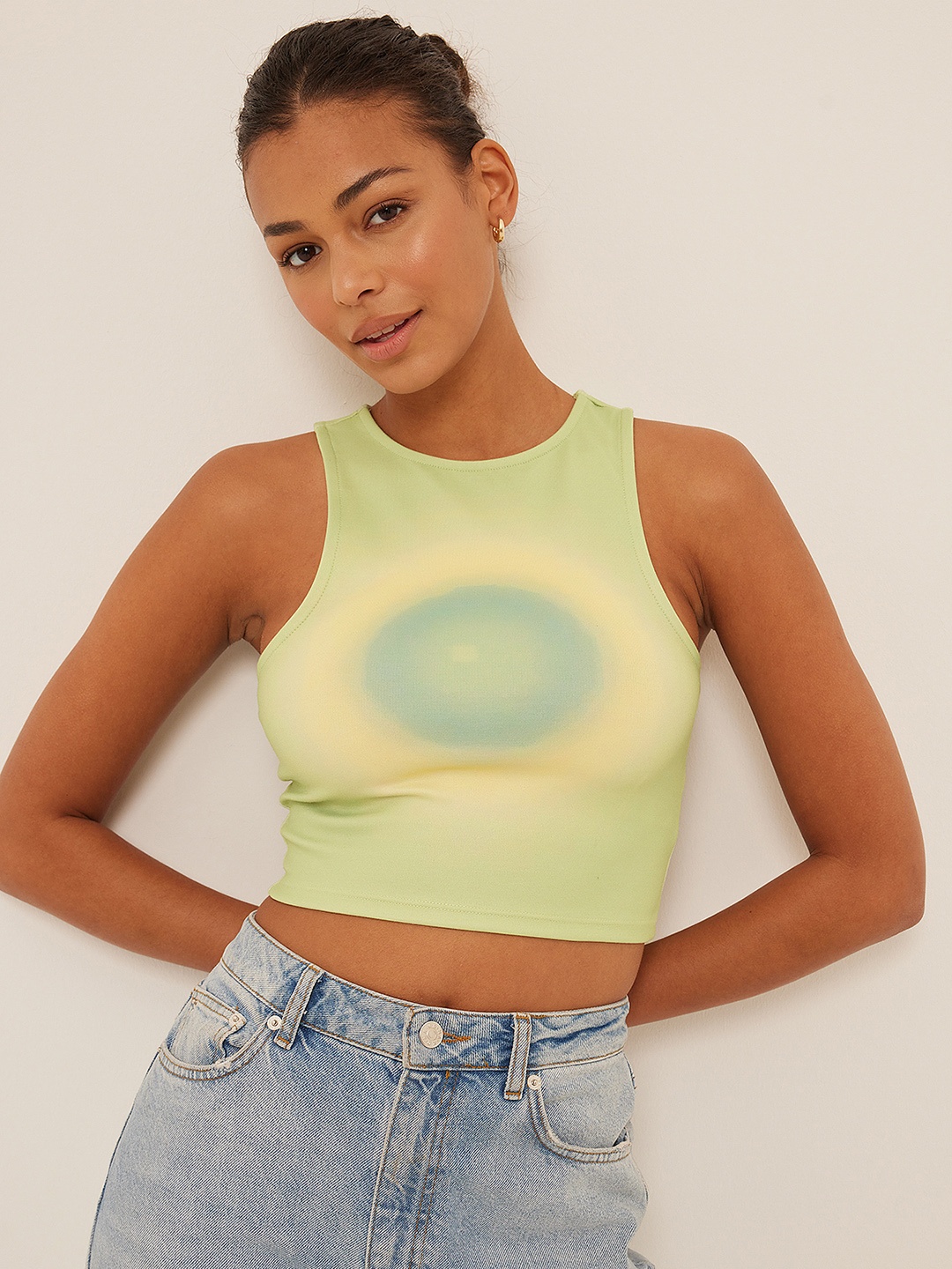

NA-KD Women Green & Blue Tie and Dye Fitted Crop Top