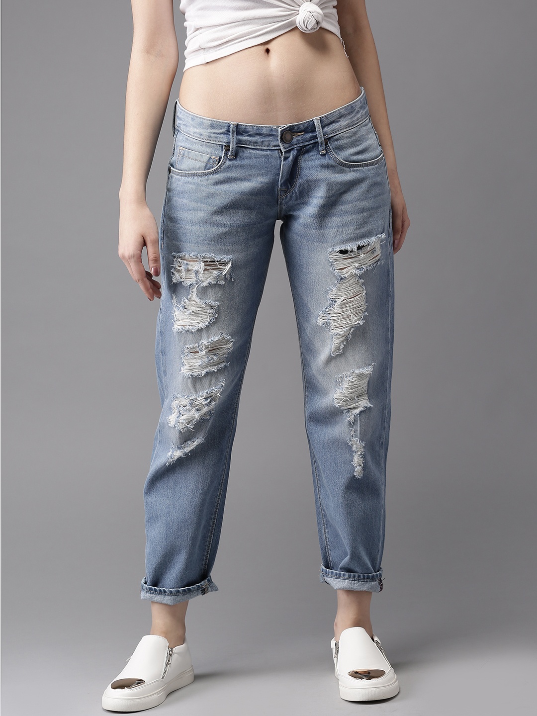 

Moda Rapido Women Ankle Length Boyfriend Fit Highly Distressed Blue Jeans