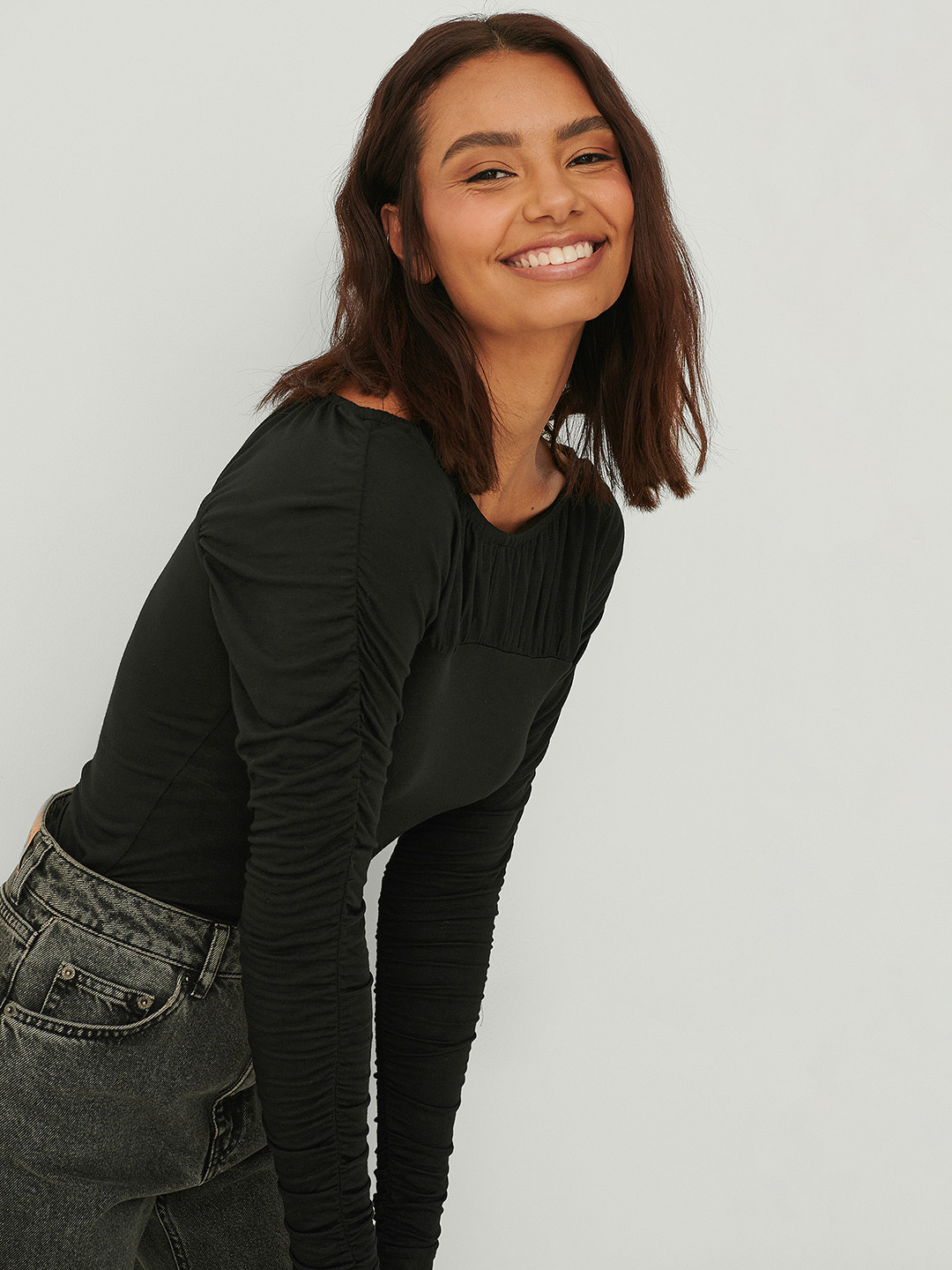 

NA-KD Women Black Extended Sleeves Ruched Top