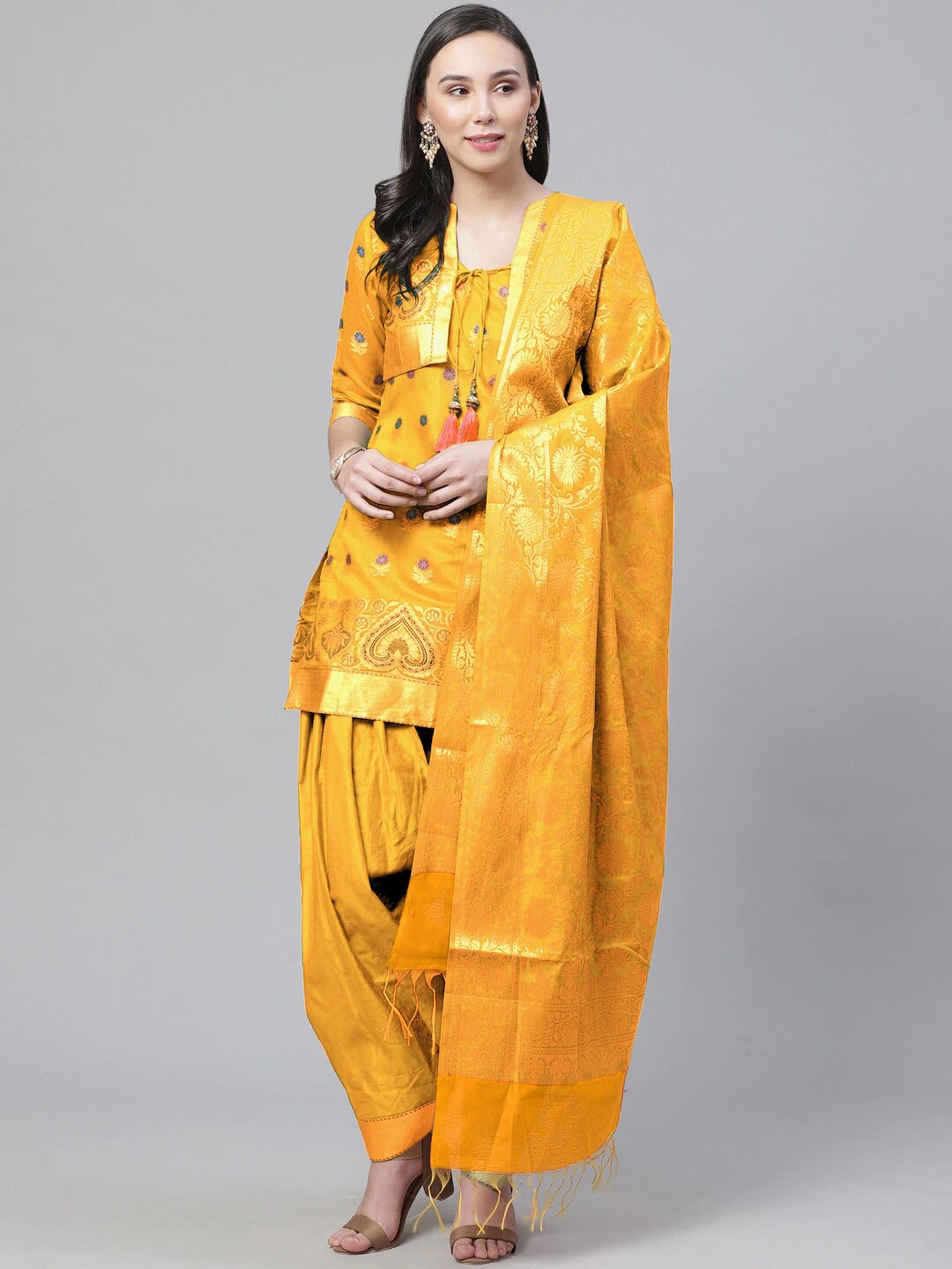 

Chhabra 555 Yellow & Gold-Toned Unstitched Handloom Woven Chanderi Dress Material