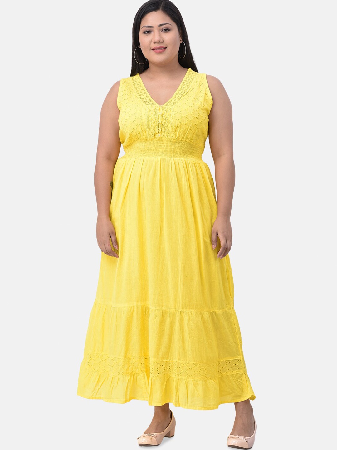 

VELDRESS Women Yellow Embroidered Maxi Dress Plus Size