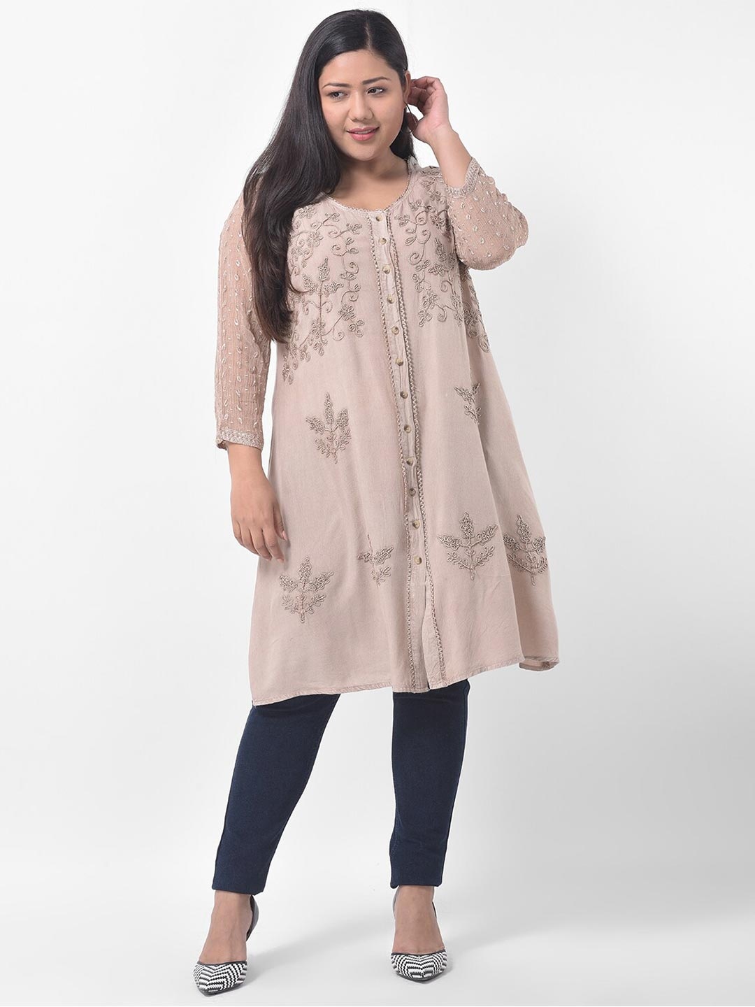

VELDRESS Beige Floral Embroidered Longline Top Plus Size