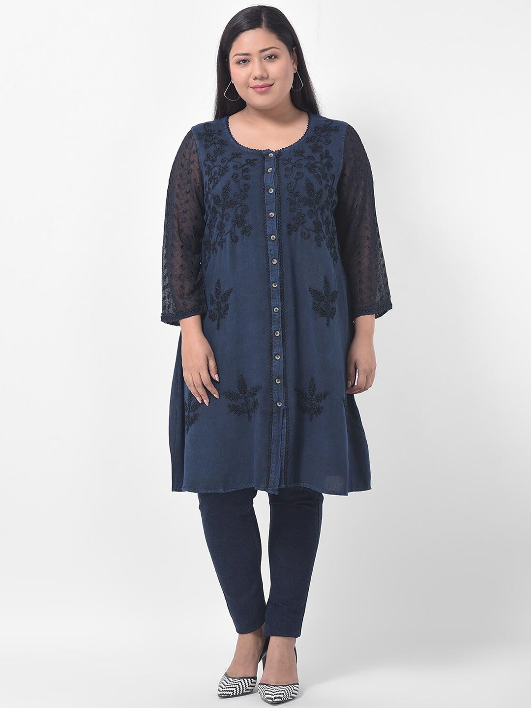 

VELDRESS Women Navy Blue Floral Embroidered Thread Work Kurta