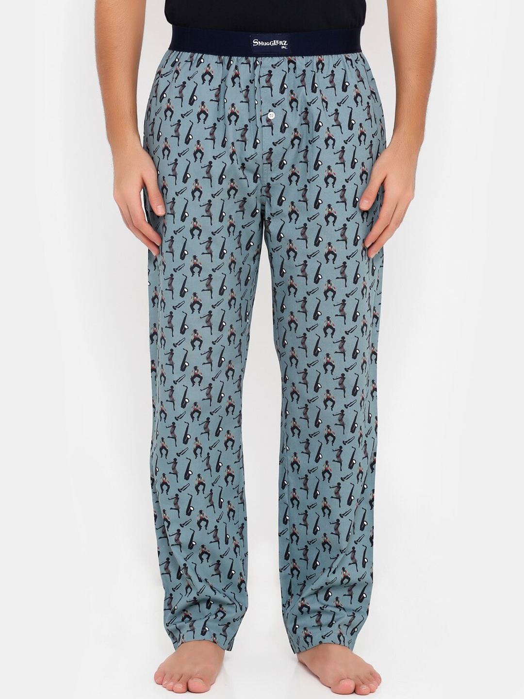 

SMUGGLERZ INC. Men Grey & Blue Printed Pure Cotton Lounge Pants
