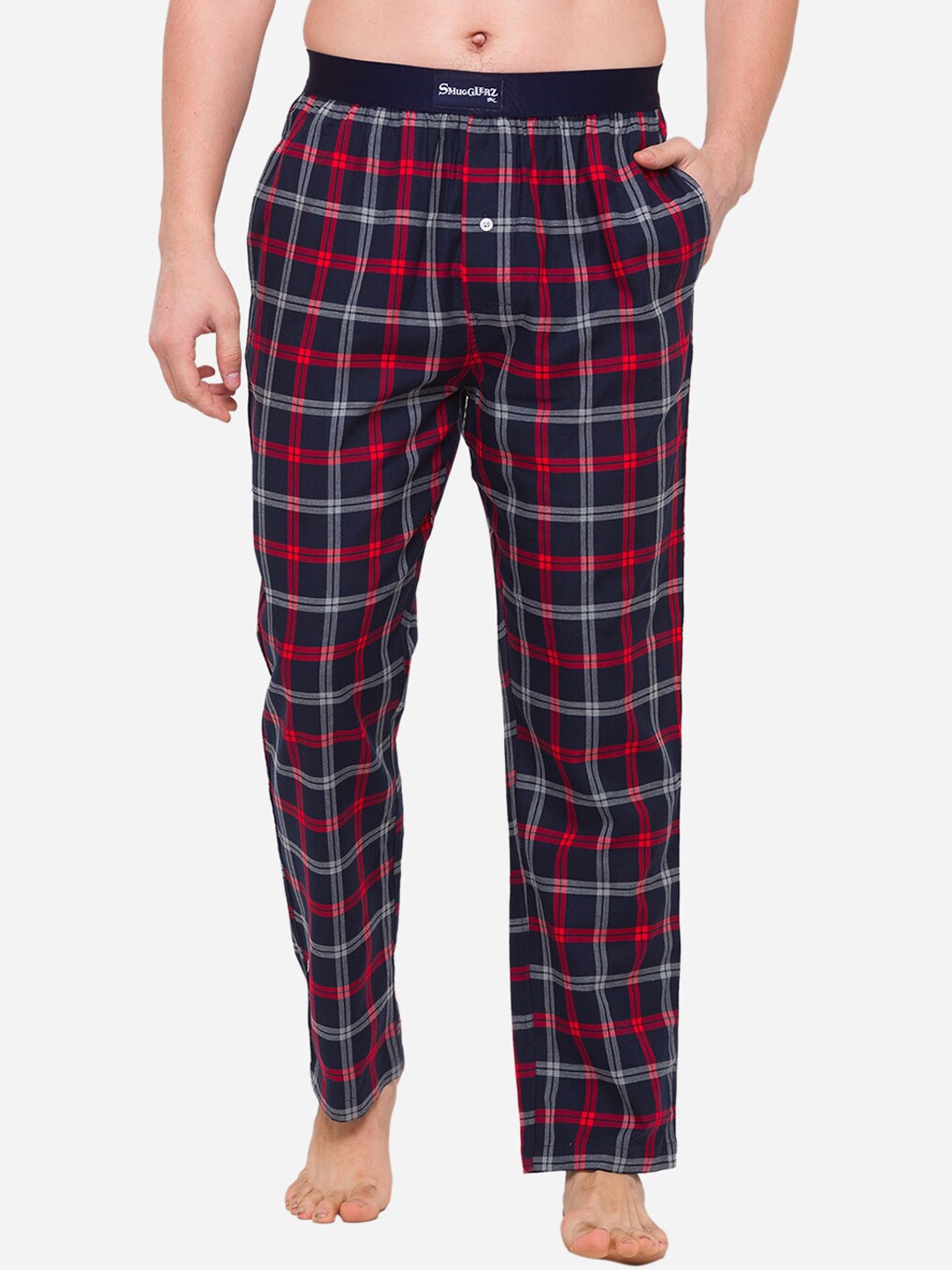 

SMUGGLERZ INC. Men Navy Blue & Red Checked Pure Cotton Lounge Pants