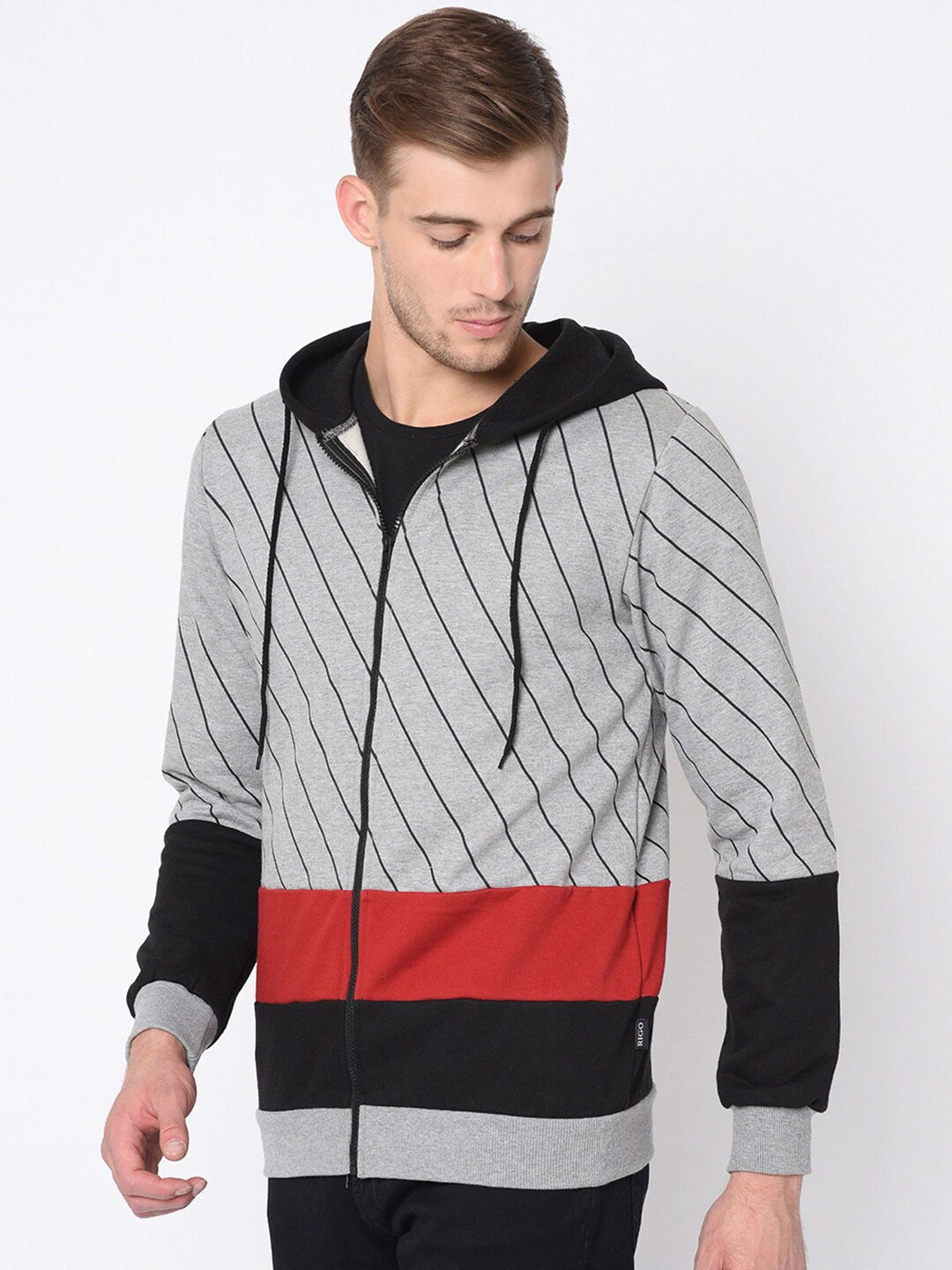 

Rigo Men Grey Melange Striped Colourblocked Hooded Sweatshirt