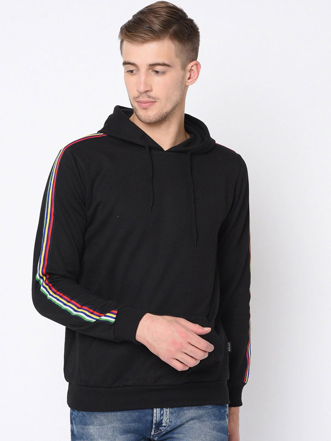 

Rigo Men Black Striped Hooded Sweatshirt