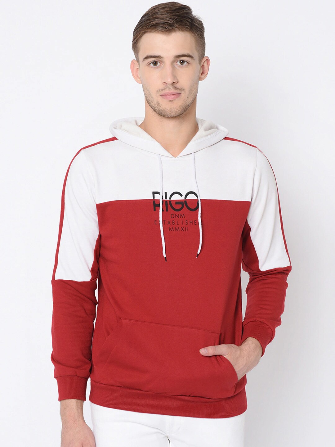 

Rigo Men Maroon Colourblocked Hooded Sweatshirt