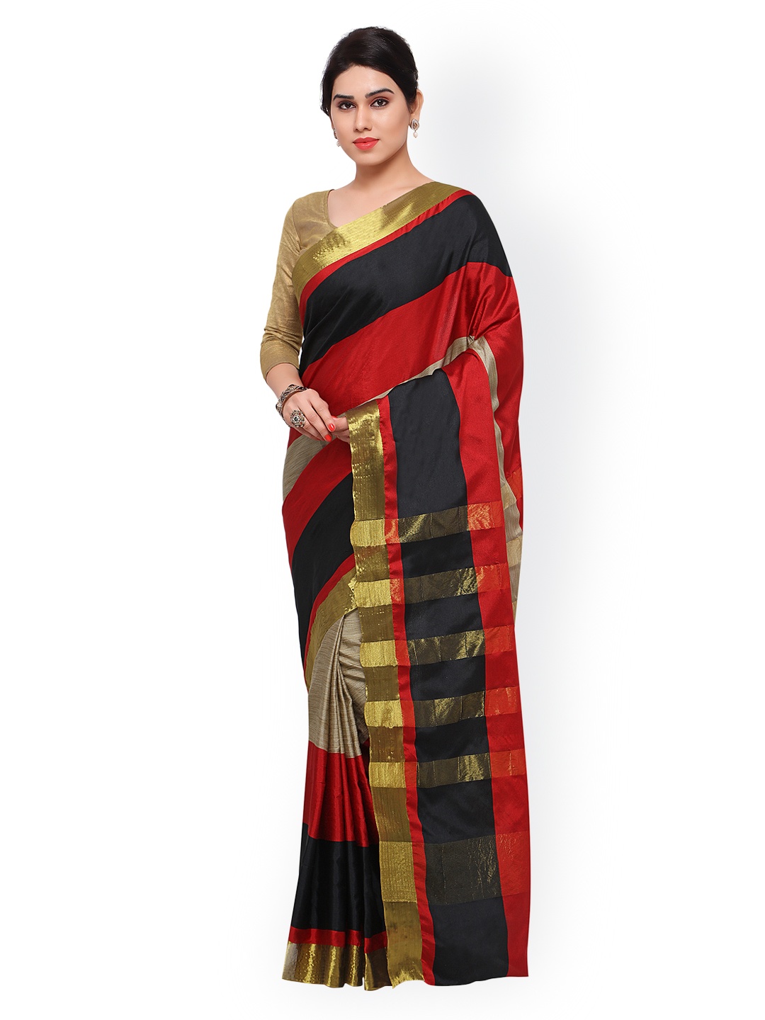 

Saree mall Red & Black Colourblocked Bhagalpuri Art Silk Traditional Saree