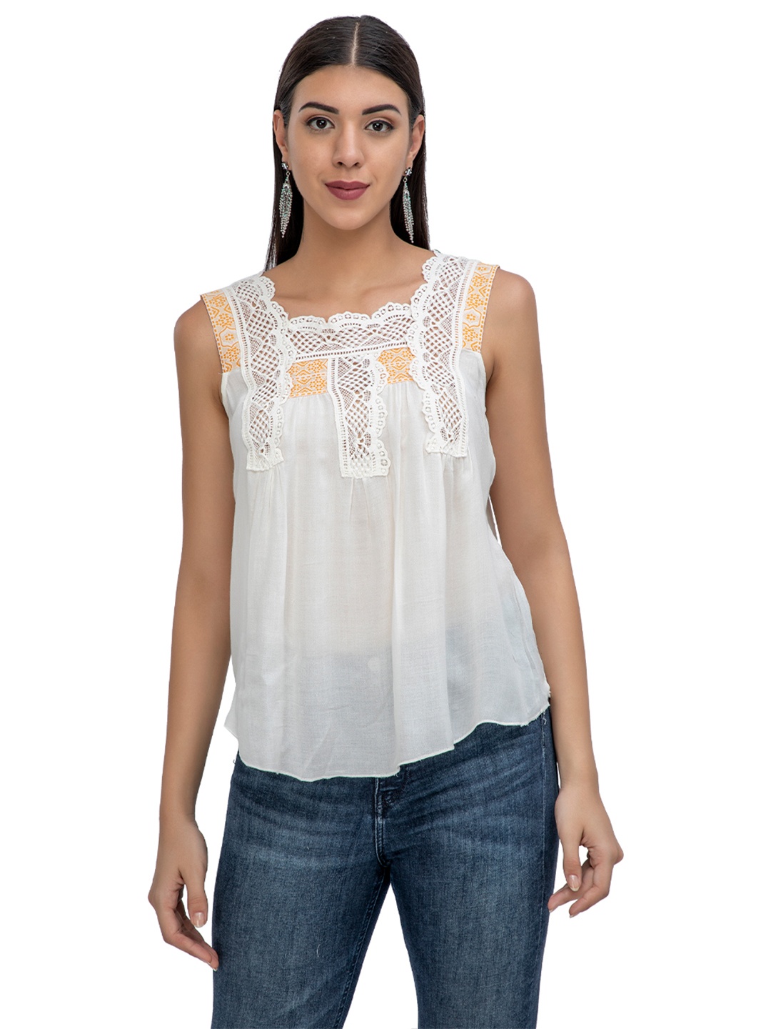 

Athah White Self Design Lace A-Line Top