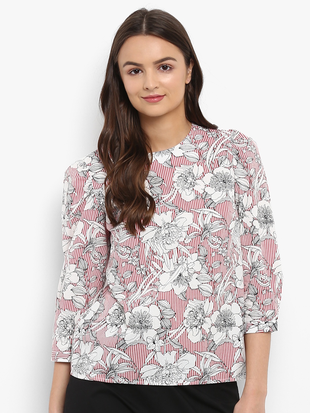 

Athah Red Floral Print Mandarin Collar Top