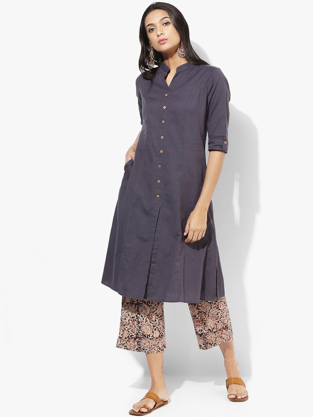 

Indian Dobby Women Grey Pocket Kurta