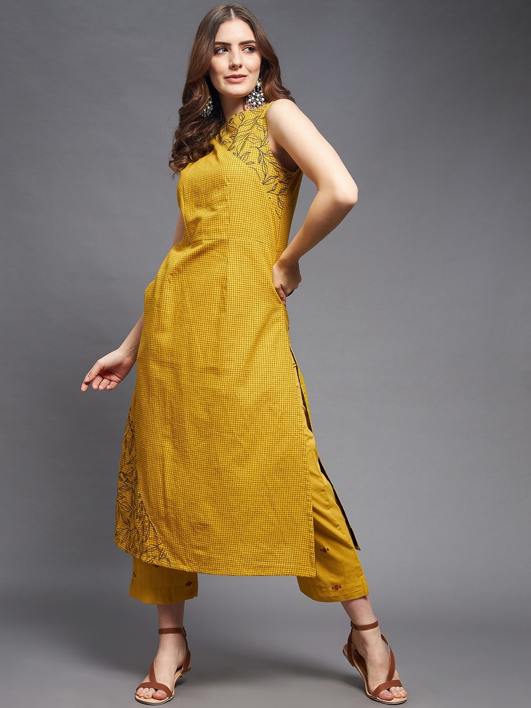 

Indian Dobby Women Yellow High Slit Pure Cotton Kurti with Trousers
