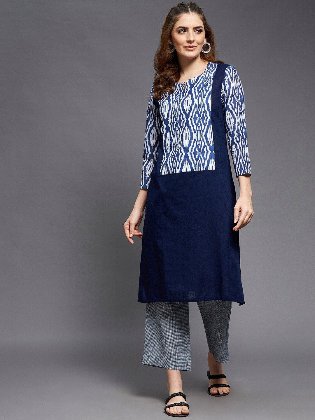 

Indian Dobby Women Navy Blue Yoke Design Mirror Work Kurta