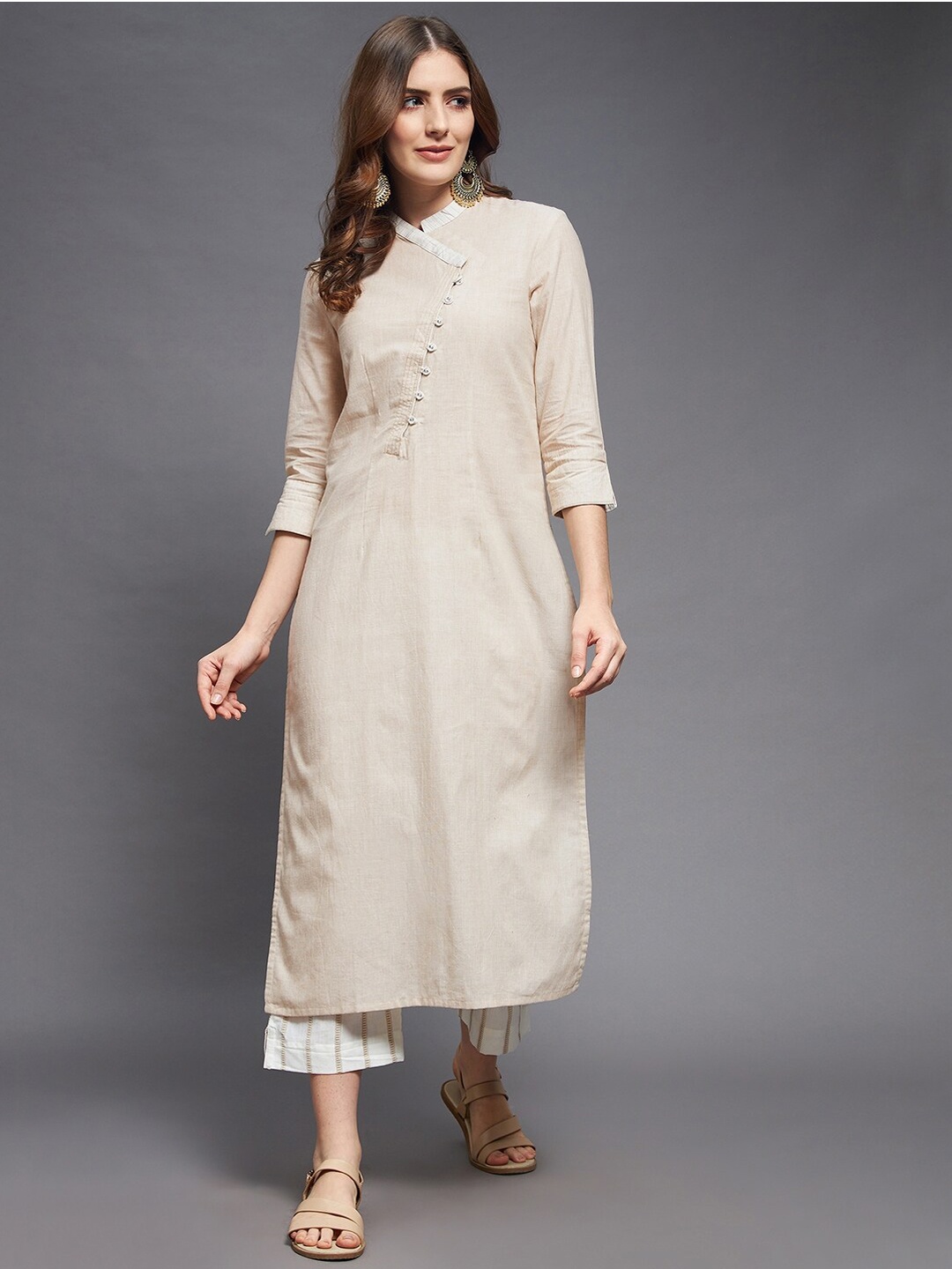 

Indian Dobby Women Beige Pleated Pure Cotton Kurta with Trousers