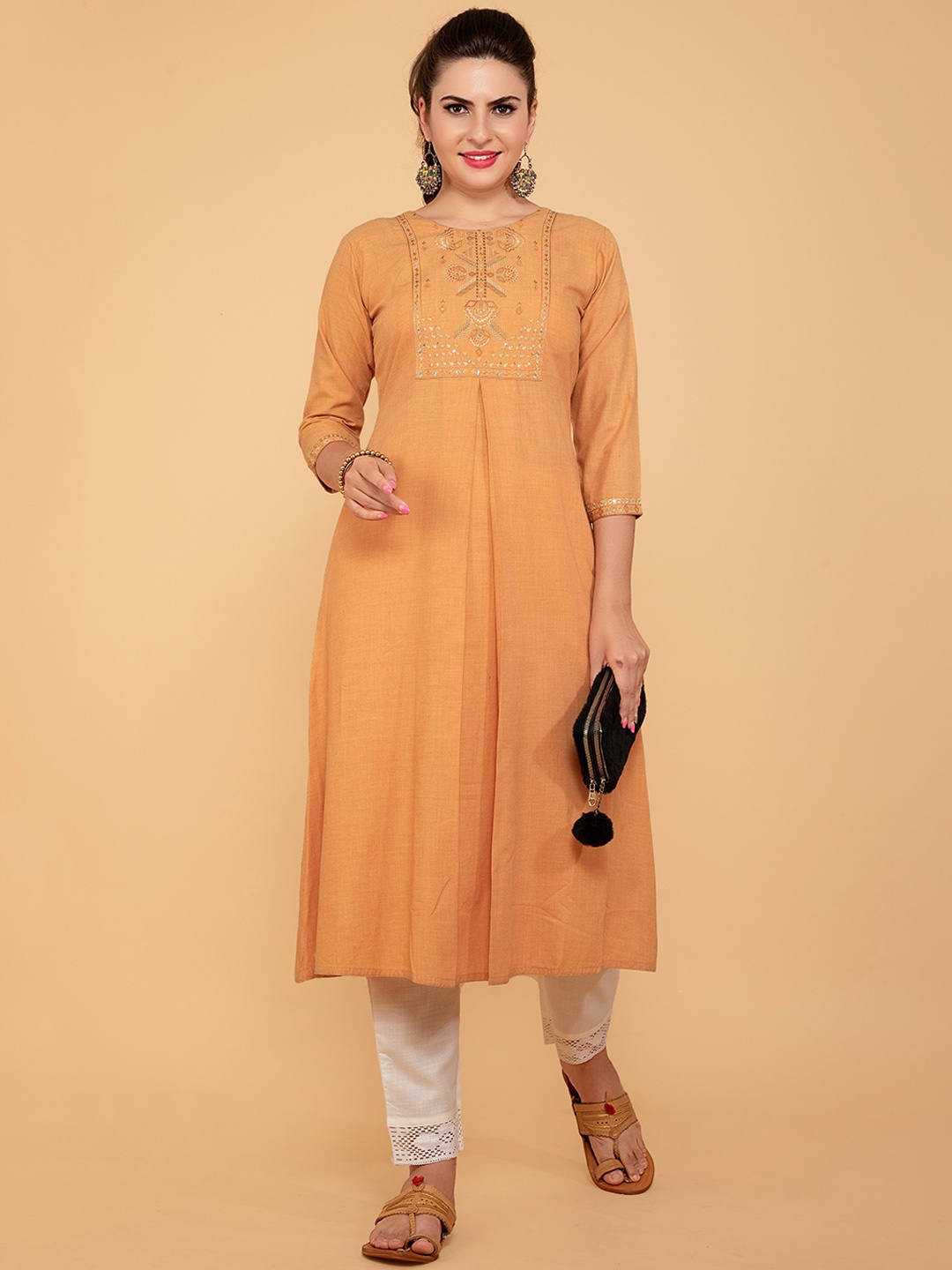 

POONAM DESIGNER Women Yellow Ethnic Motifs Yoke Design Kurta