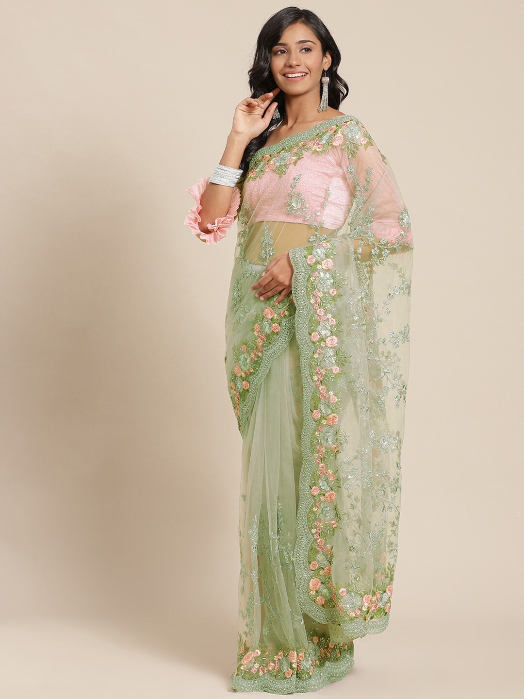 

Chhabra 555 Green & Pink Floral Zari Net Saree