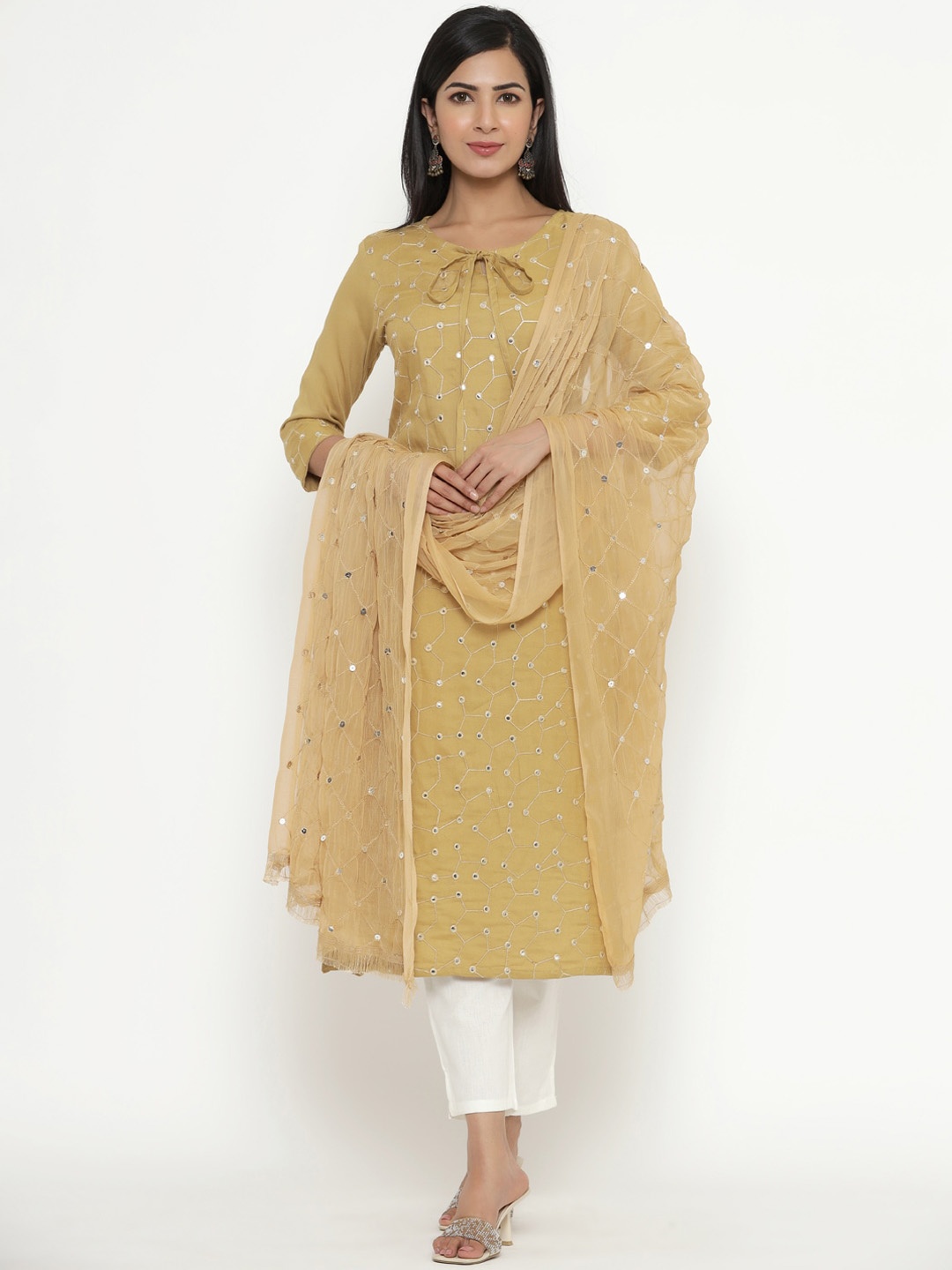 

Fabriko Women Beige Embroidered Kurta with Trousers & With Dupatta