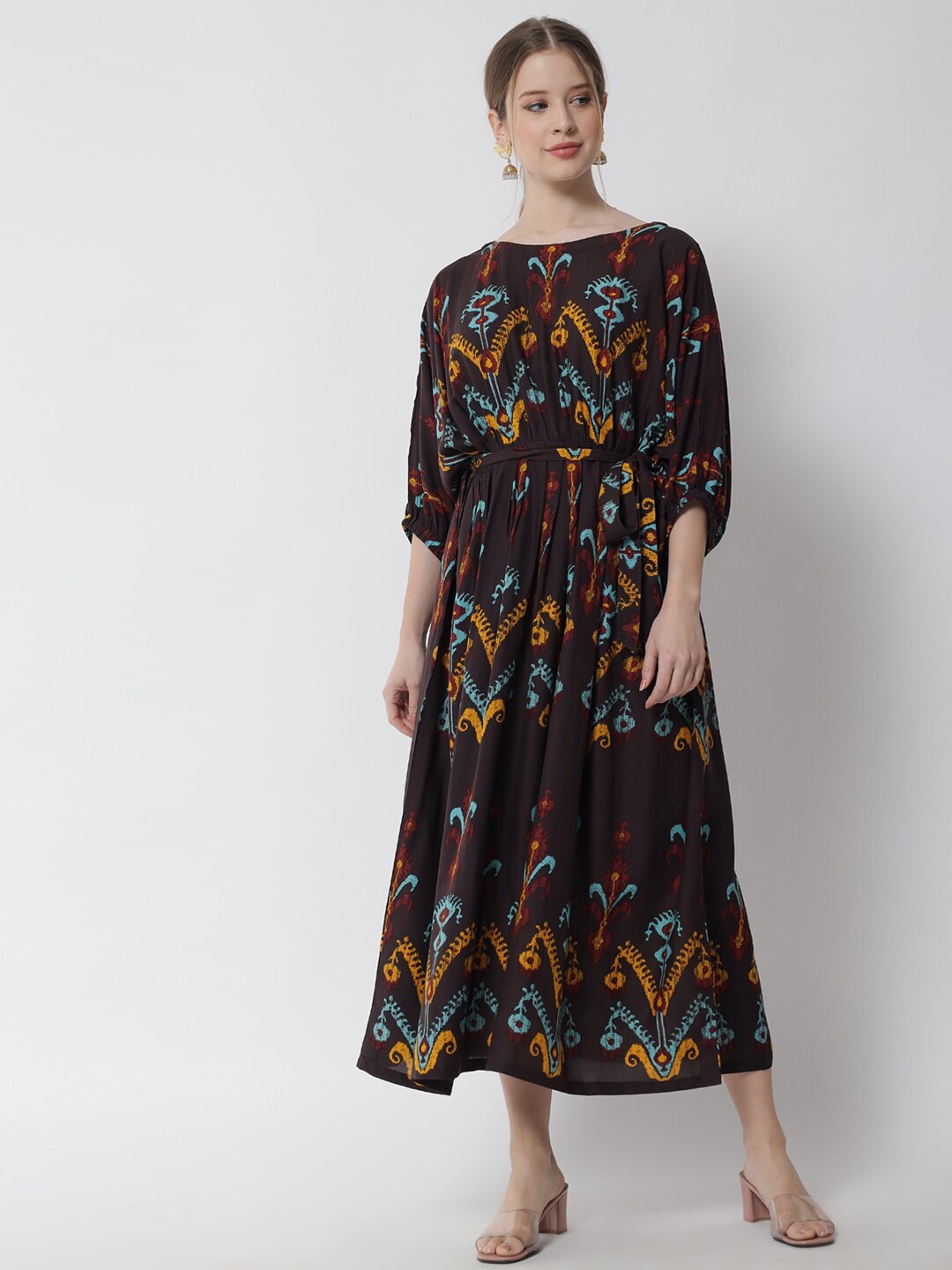 

Tulsattva Brown Floral Midi Dress