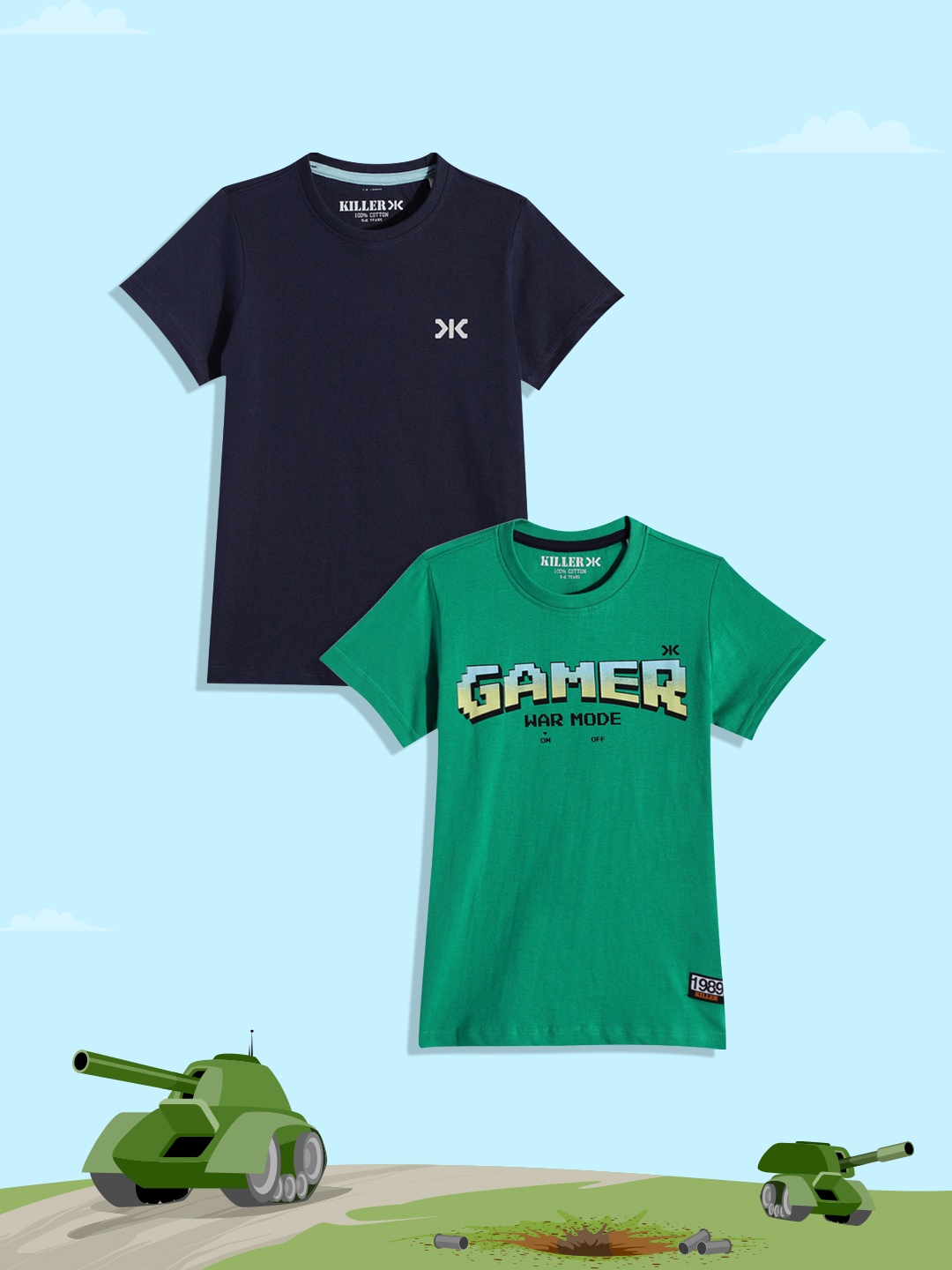 

Killer Boys Green & Navy Blue Set Of 2 Printed Round Neck Applique Pure Cotton T-shirts