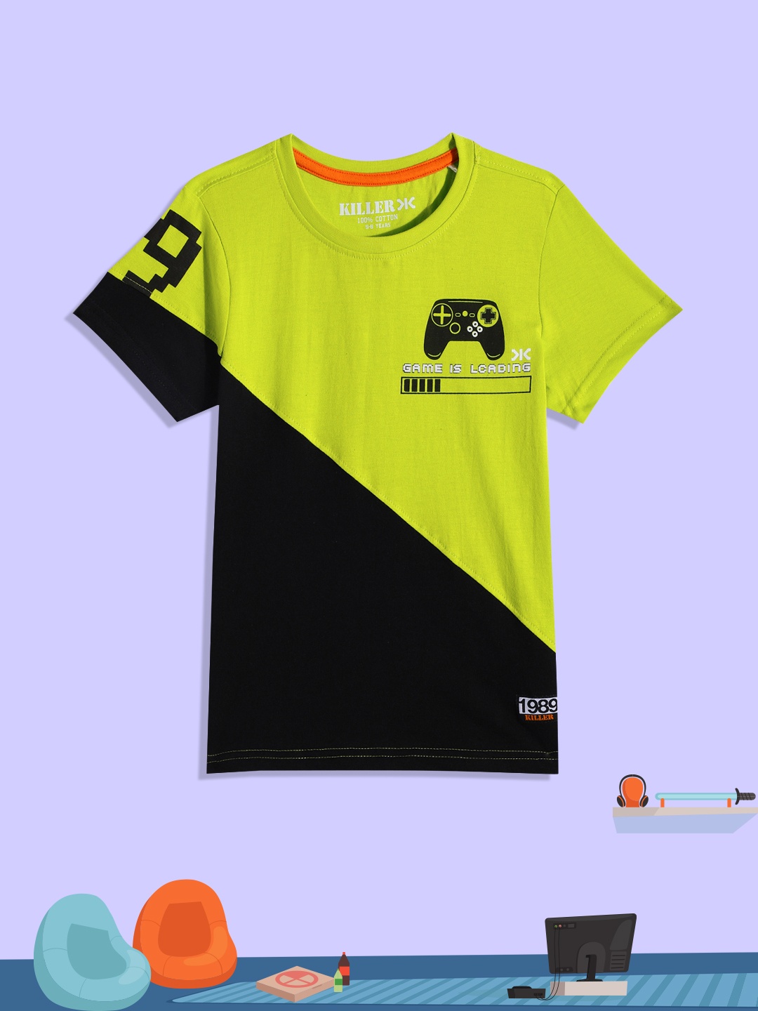 

Killer Boys Lime Green & Black Graphic Placement Print Applique Pure Cotton T-shirt
