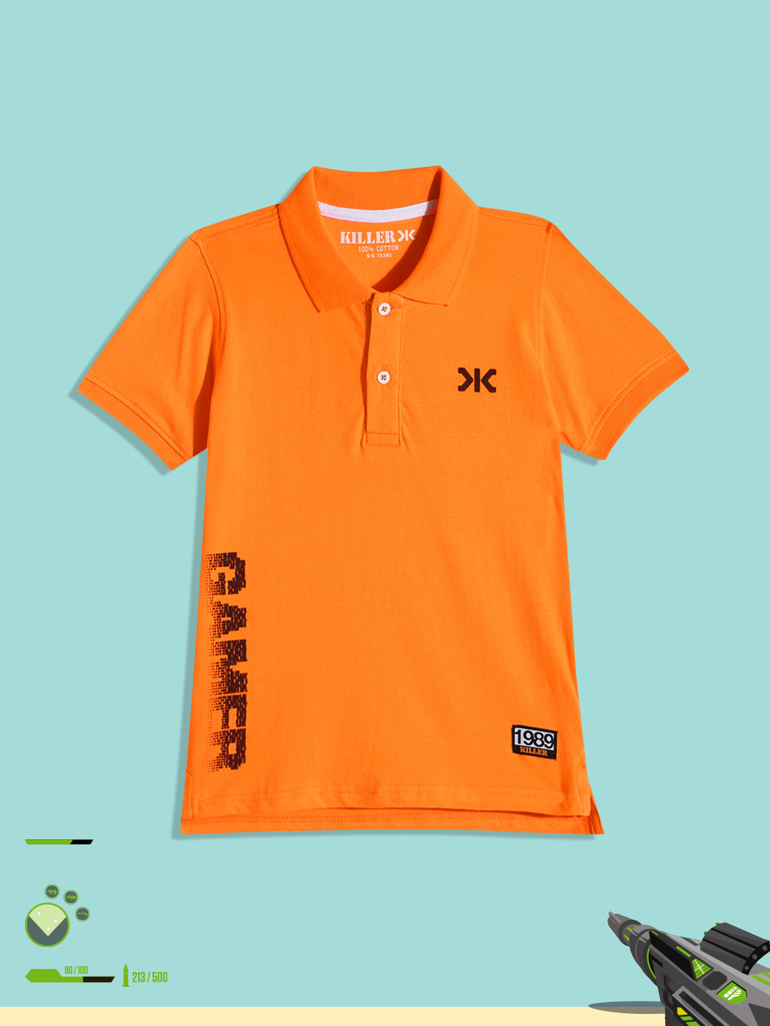 

Killer Boys Orange Typography Placement Print Polo Collar Applique Pure Cotton T-shirt