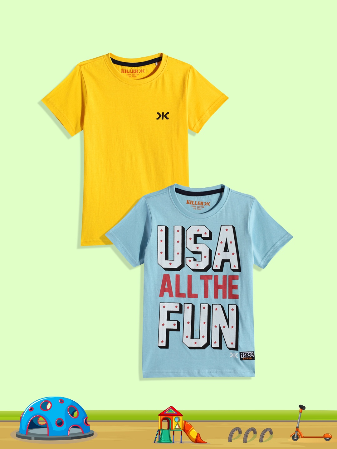 

Killer Boys Set of 2 Typography Printed Pure Cotton T-shirts in Blue & Yellow