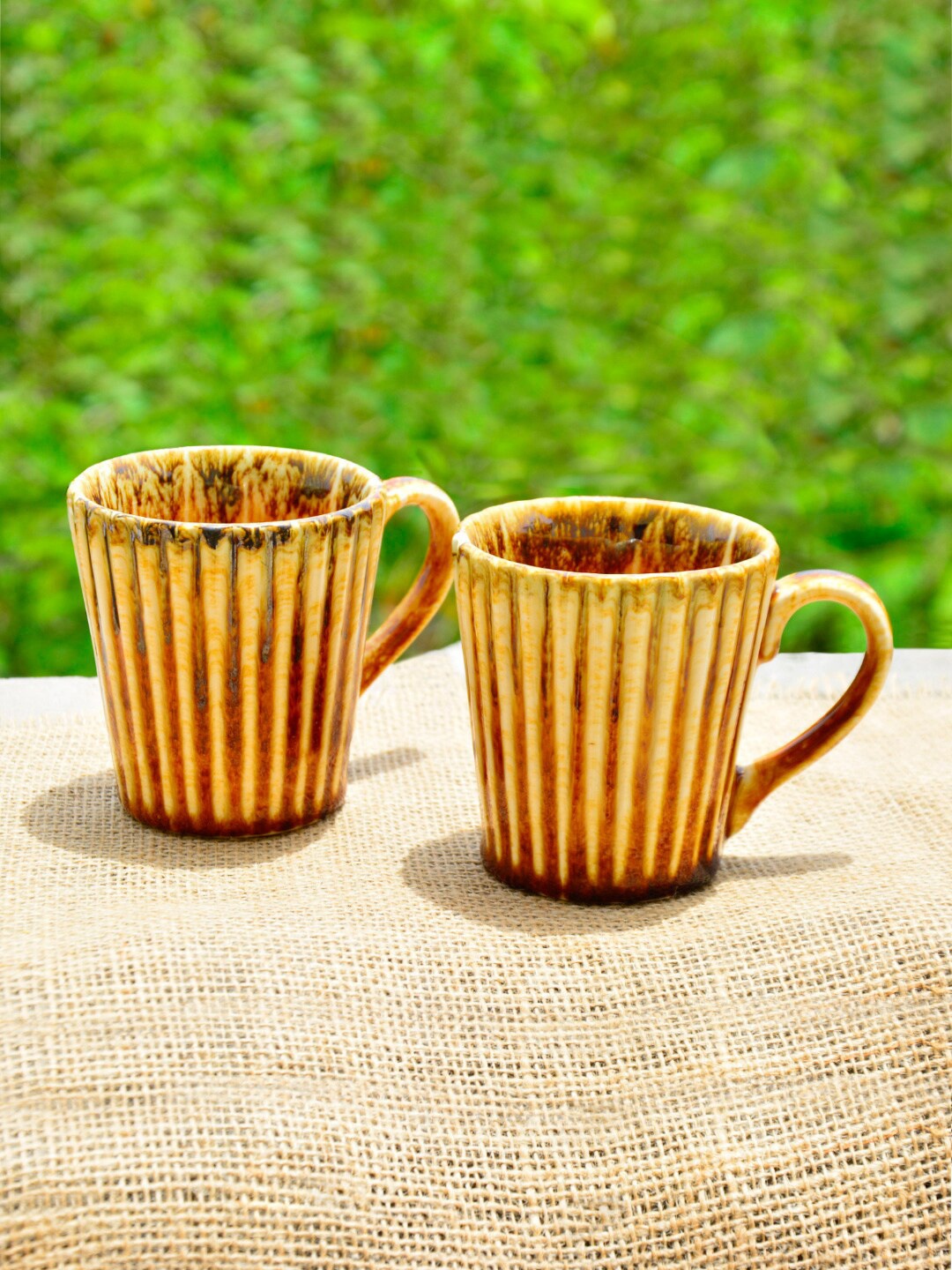 

StyleMyWay Brown Set of 2 Handcrafted Textured Ceramic Glossy Mugs 300 ML Each