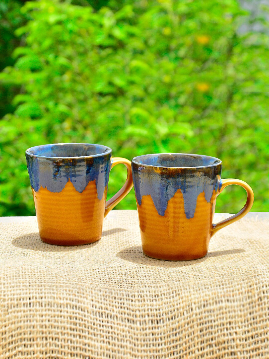 

StyleMyWay Studio Pottery Set Of 2 Gold-Toned & Blue Ceramic Coffee Mugs 300 ML