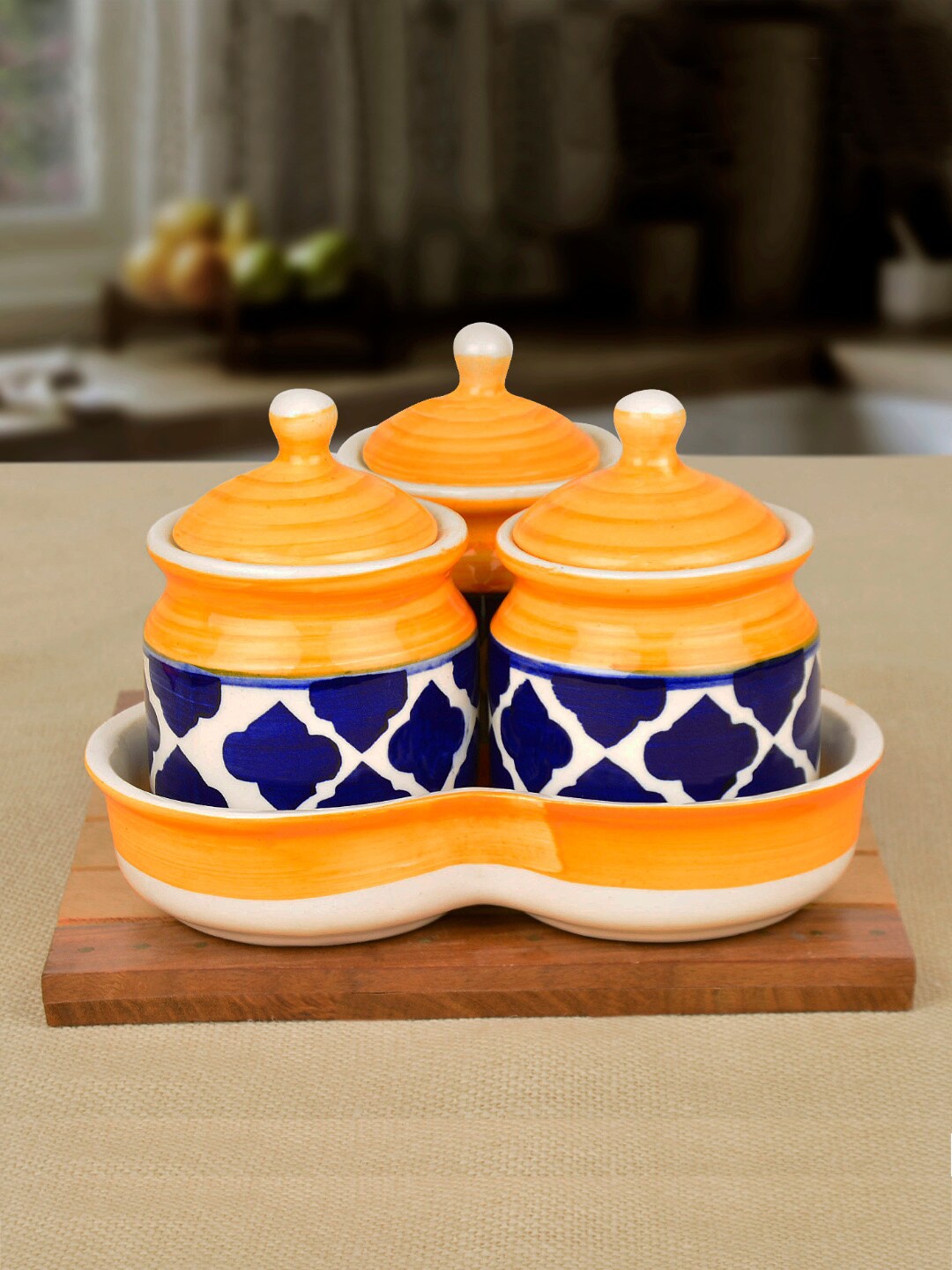 

StyleMyWay Orange & Blue Set Of 3 Printed Ceramic Serving Jar Set with Tray 200 ml Each
