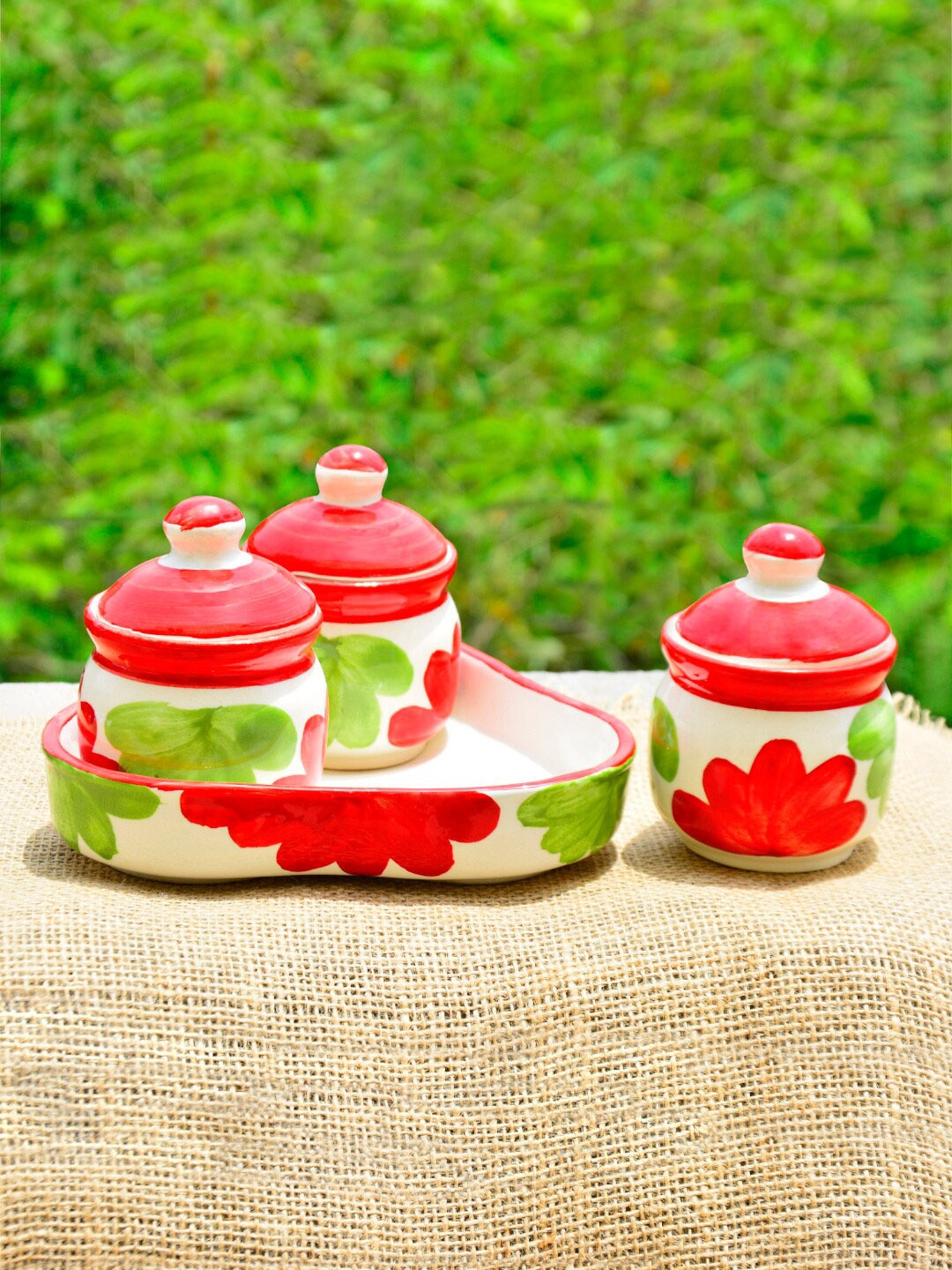 

StyleMyWay Red & Green Set Of 3 Printed Ceramic Serving Jar Set with Tray 200 ml Each