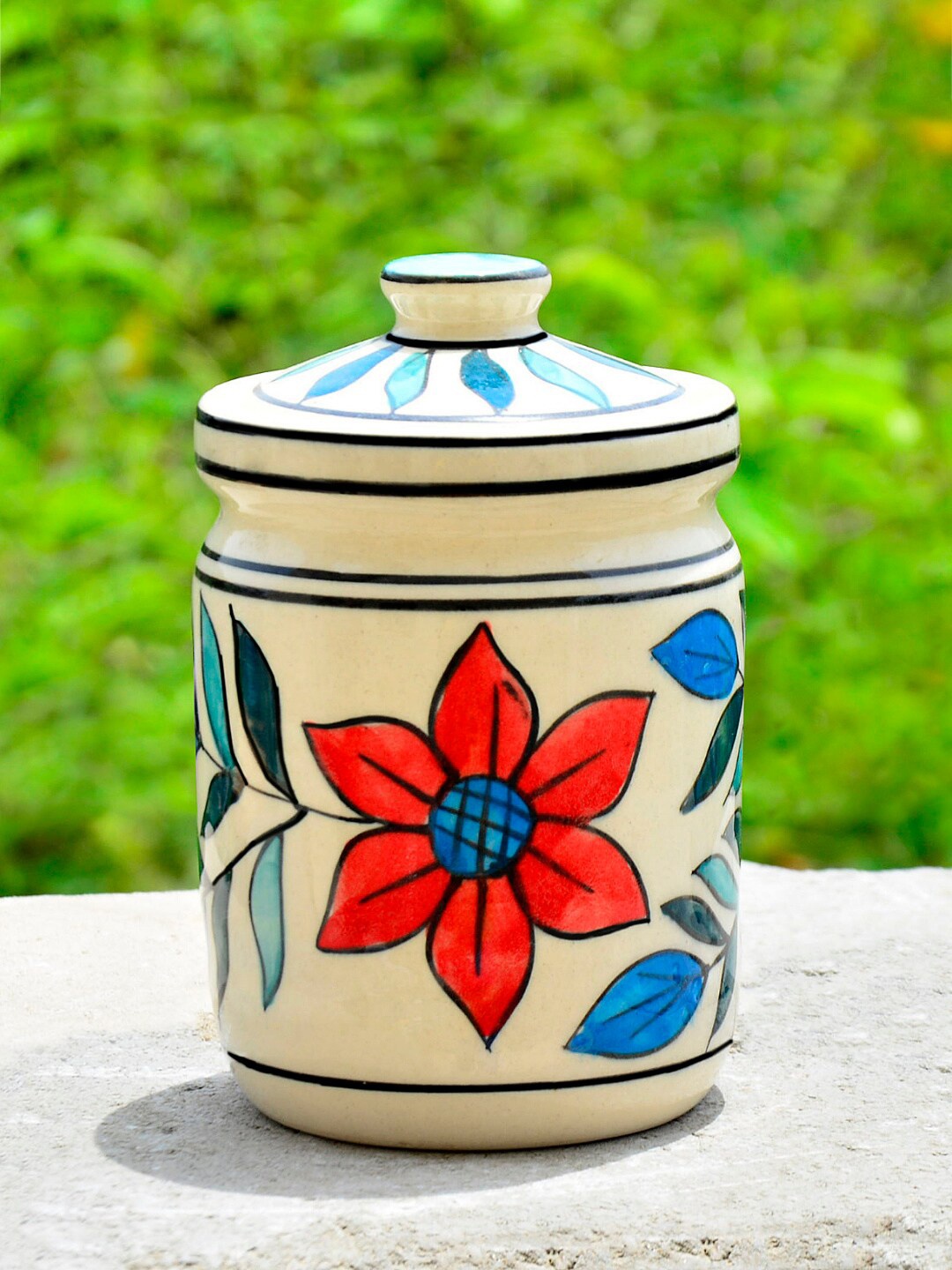 

StyleMyWay Blue & Red Printed Dishwasher Safe Ceramic Jar With Lid 550 ml