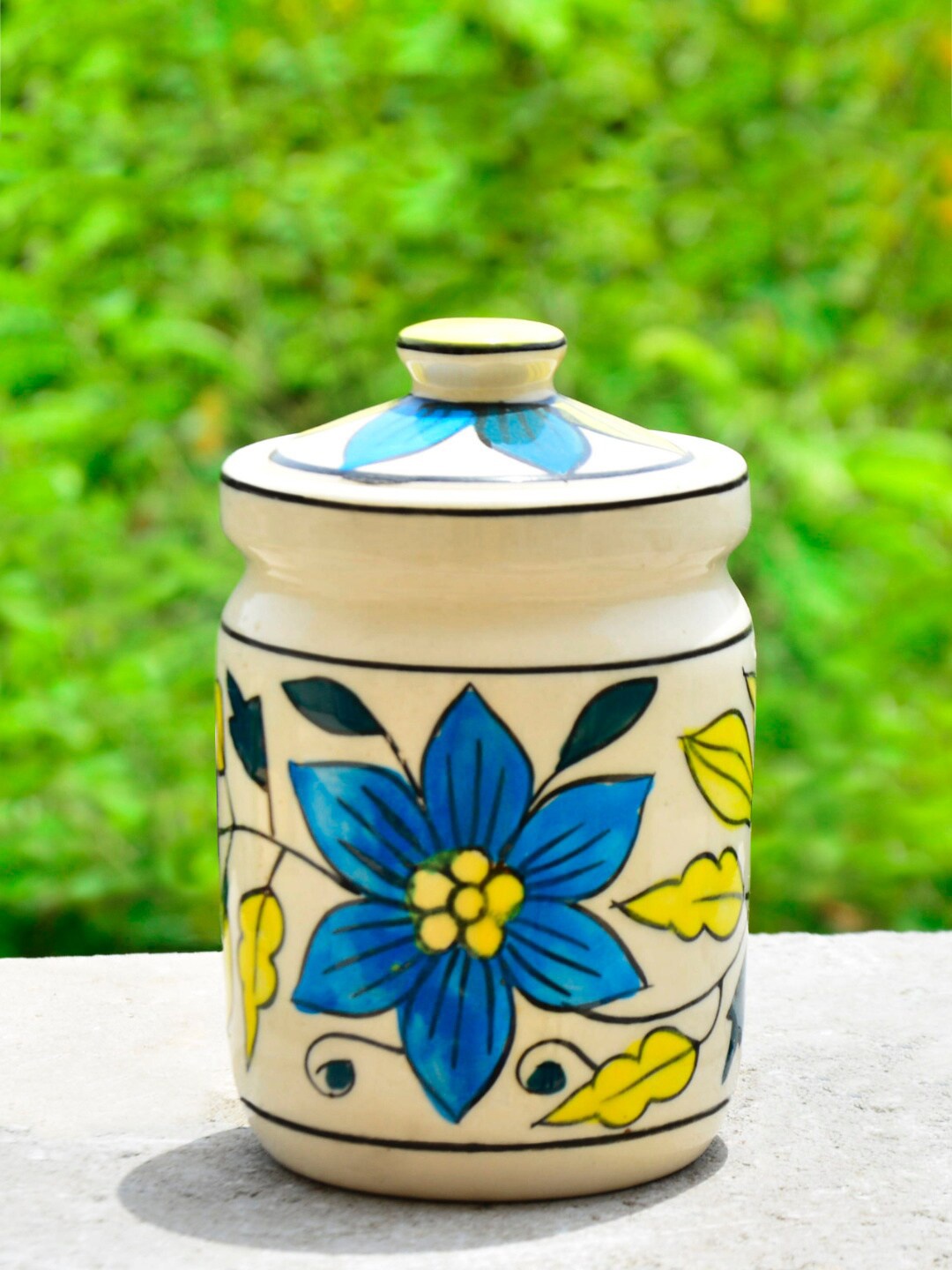 

StyleMyWay Blue & Yellow Printed Dishwasher Safe Ceramic Jar With Lid 550 ml
