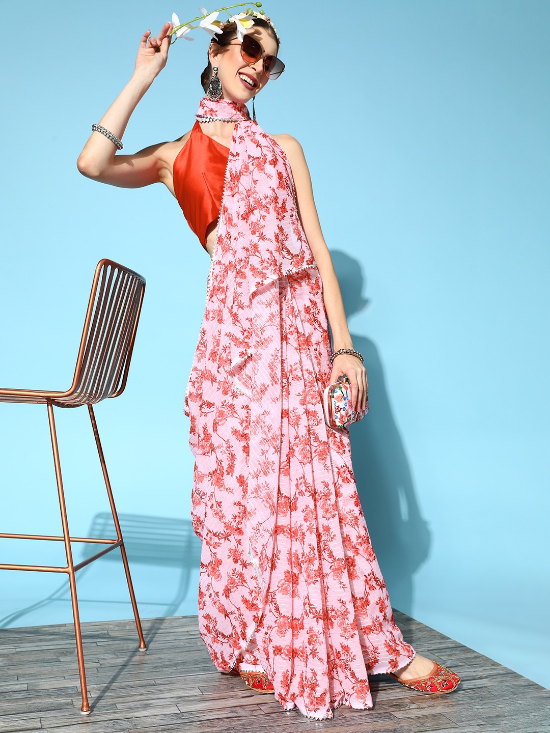 

Saree mall Floral Saree, Peach