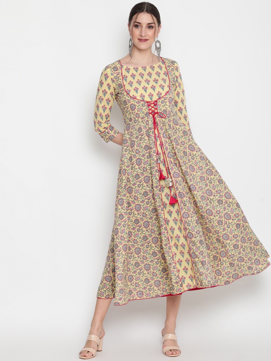 

GLAM ROOTS Women Yellow & Pink Floral Printed Cold-Shoulder Sleeves Mirror Work Floral Anarkali Kurta