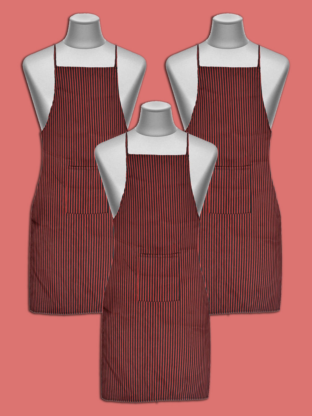 

Kuber Industries Pack Of 3 Maroon & Black Striped Cotton Aprons With Pockets