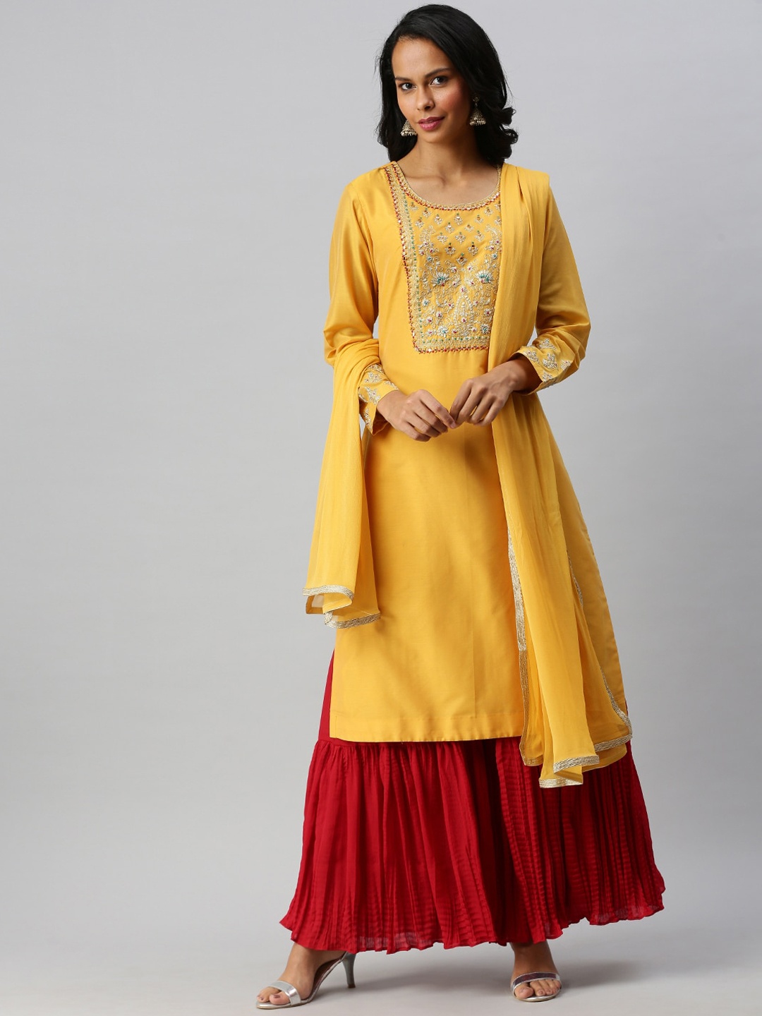 

Soch Women Yellow Ethnic Motifs Embroidered Thread Work Kurti with Sharara & With Dupatta