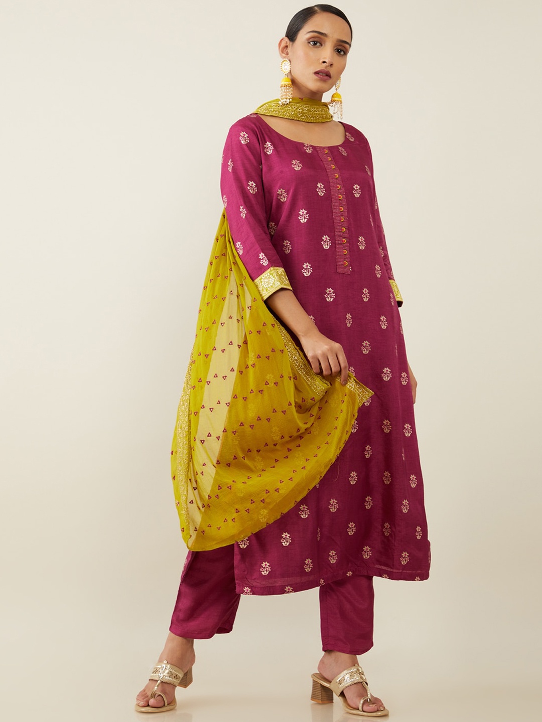 

Soch Women Magenta Ethnic Motifs Angrakha Kurta with Trousers & With Dupatta