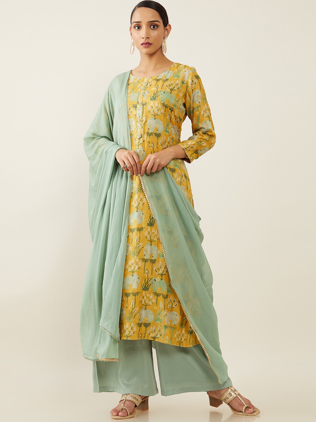 

Soch Women Yellow Floral Printed Embroidered Sequinned Kurta Set & With Dupatta