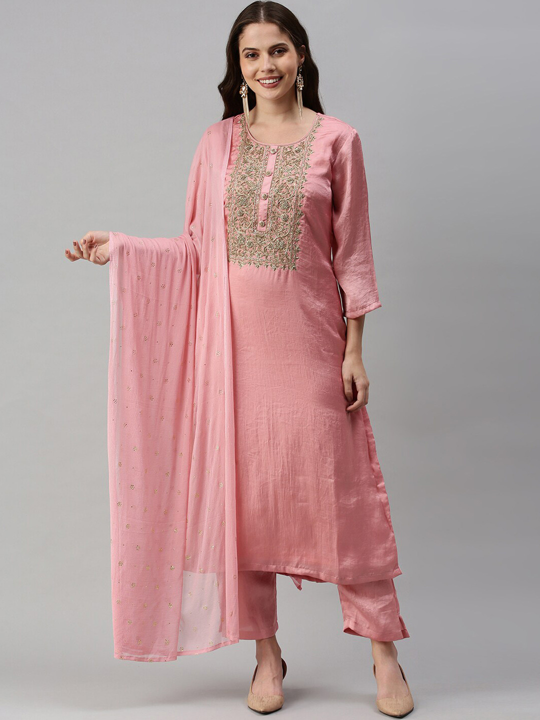 

Soch Women Pink Floral Embroidered Zardozi Kurti with Trousers & With Dupatta