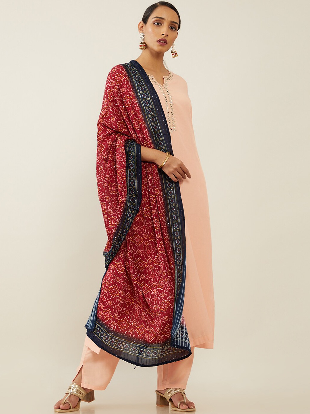 

Soch Women Peach-Coloured Layered Zardozi Kurta with Trousers & With Dupatta