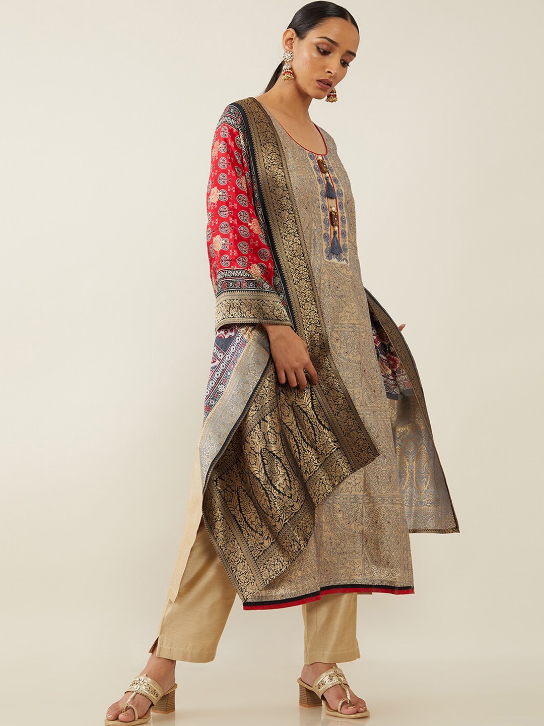 

Soch Women Beige Floral Printed Layered Thread Work Kurti with Trousers & With Dupatta