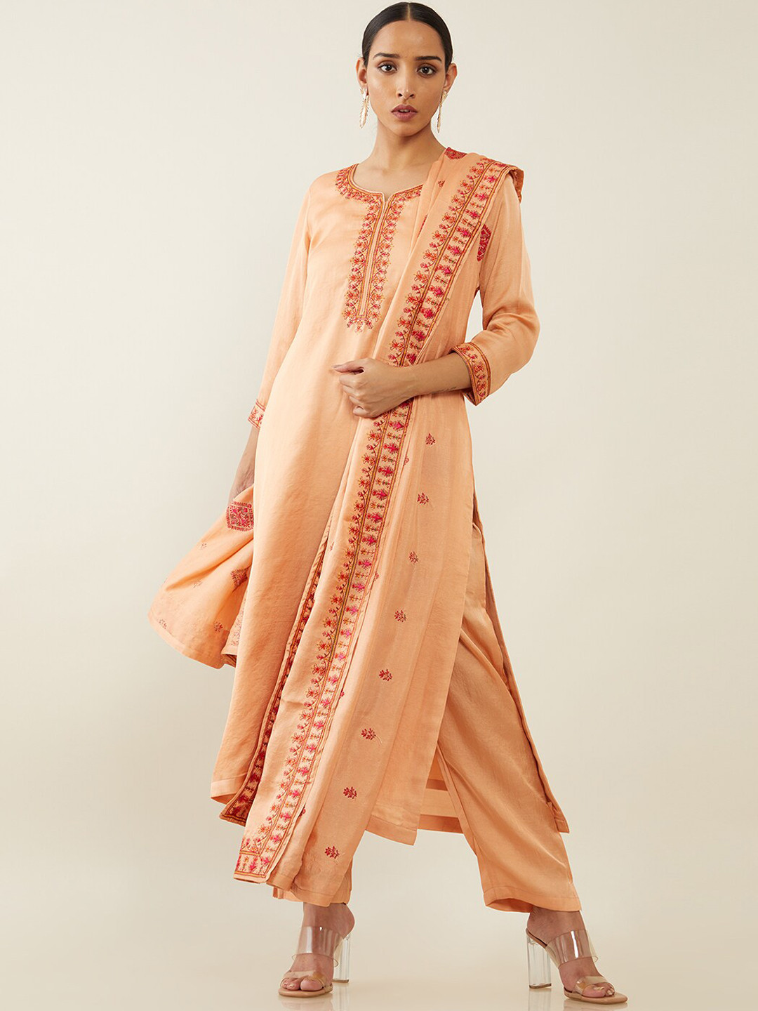 

Soch Women Peach-Coloured Floral Embroidered Layered Thread Work Kurti with Trousers & With Dupatta