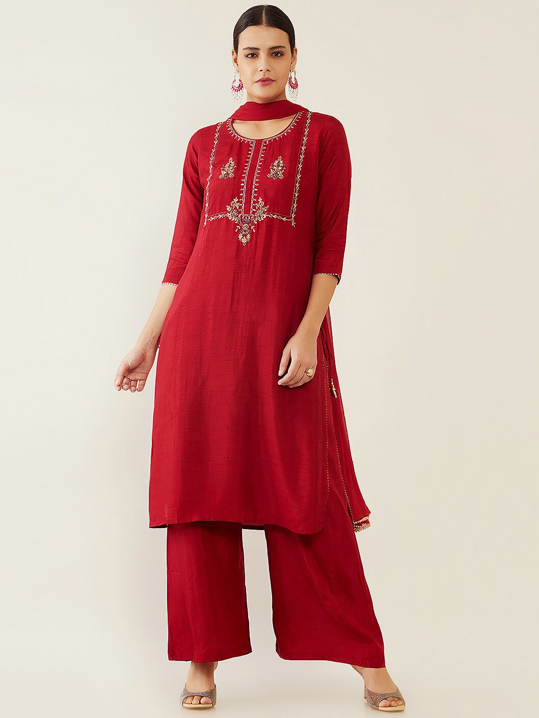

Soch Women Maroon Floral Embroidered Sequinned Kurta with Palazzos & With Dupatta