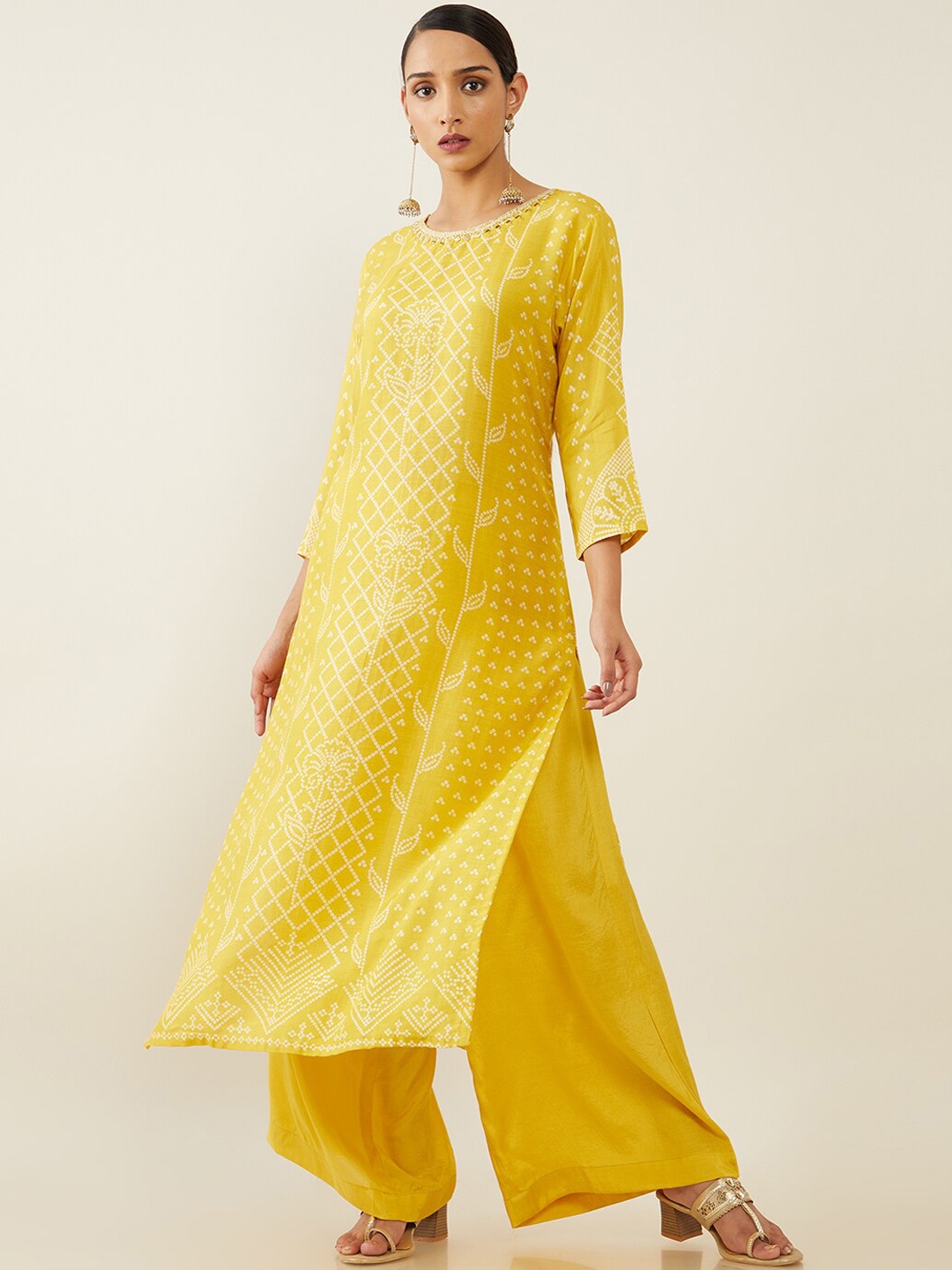 

Soch Women Mustard Yellow Printed Empire Mirror Work Kurti with Palazzos