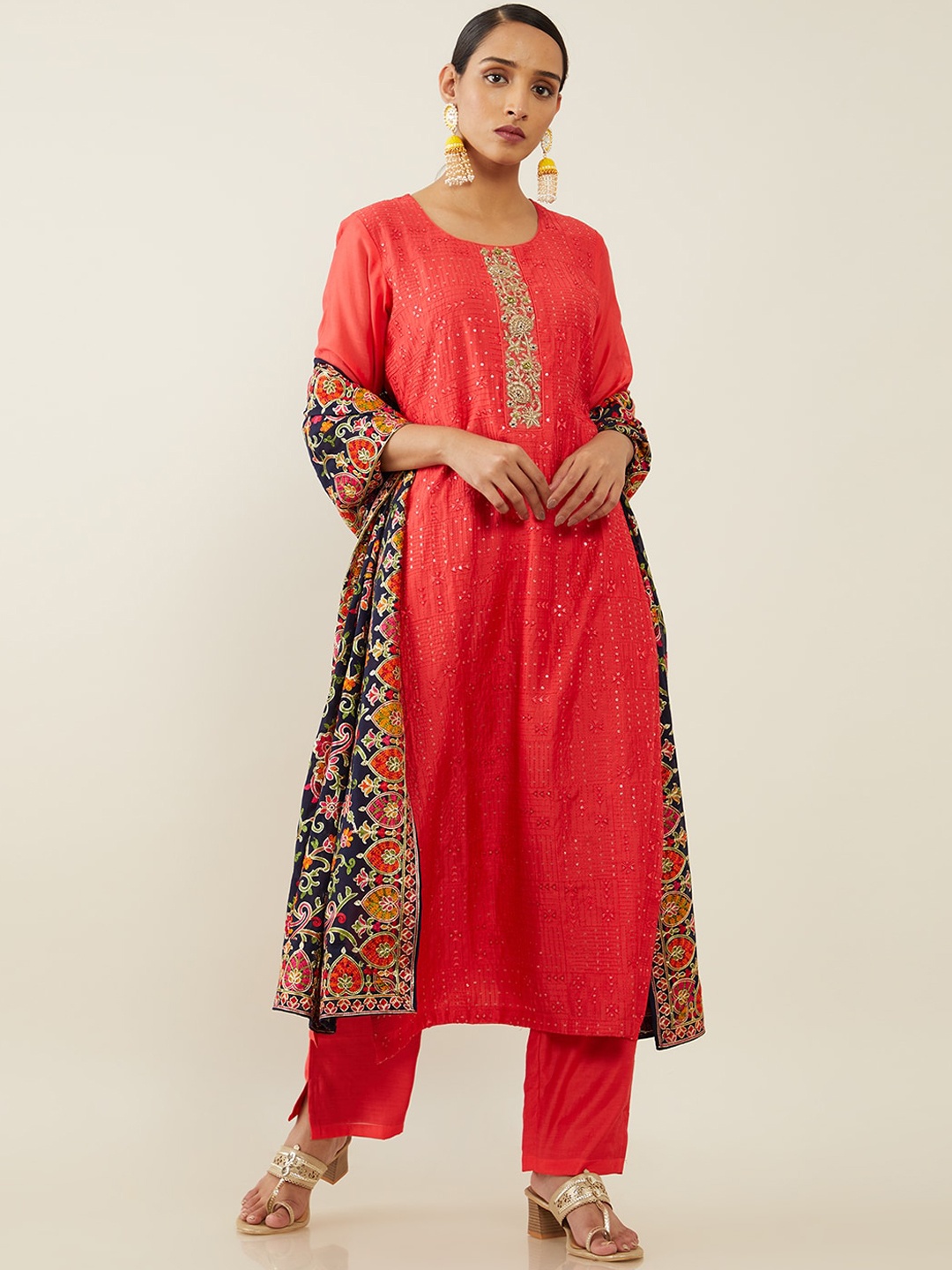 

Soch Women Pink Embroidered Panelled Sequinned Kurta with Trousers & With Dupatta