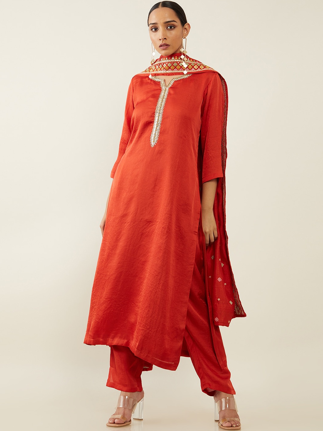 

Soch Women Rust Embroidered Gotta Patti Kurti with Trousers & With Dupatta