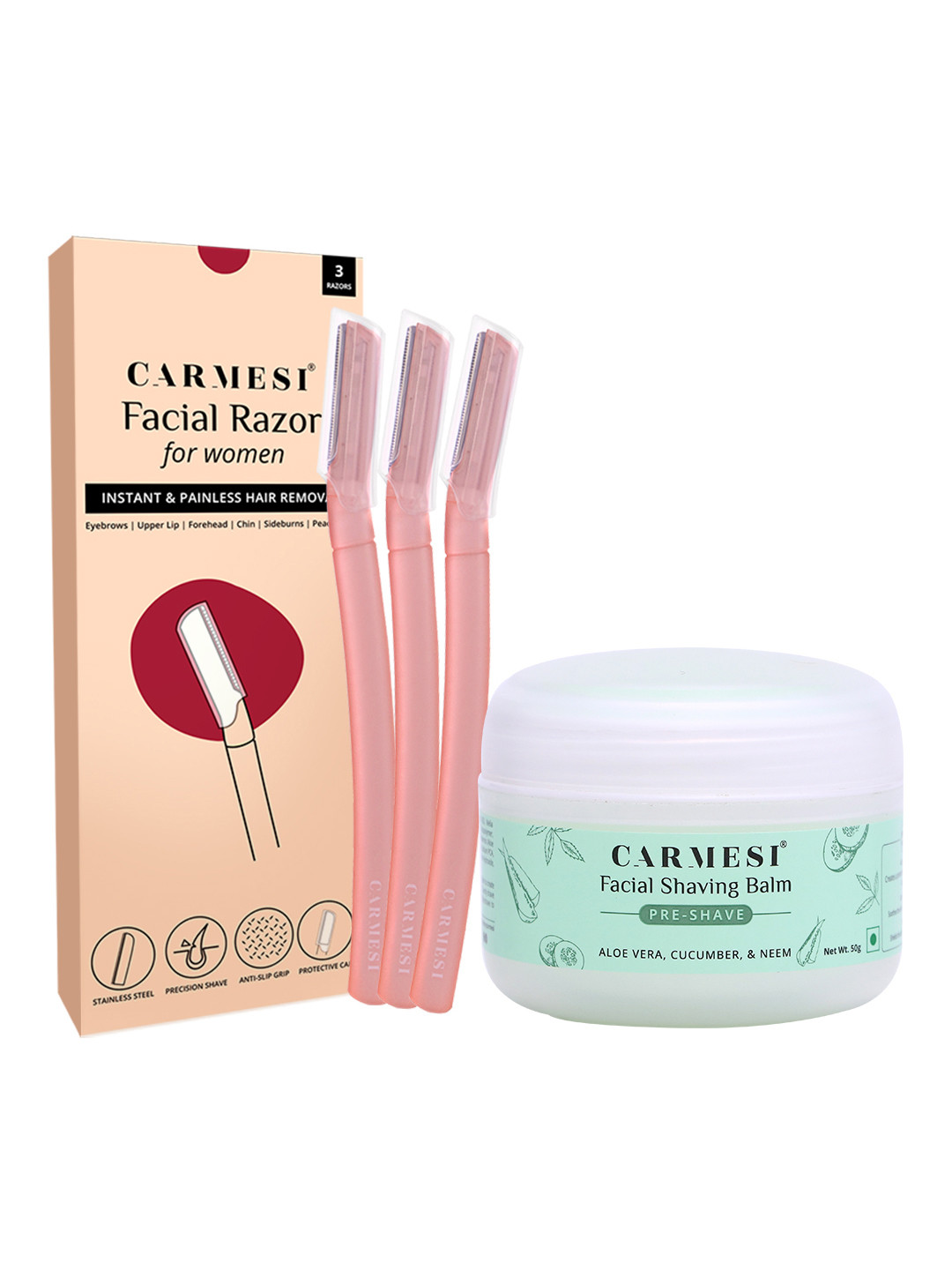 

CARMESI Set of 3 Face Razor with 2 In 1 Pre + Post Shave Facial Shaving Balm 50 g, Pink